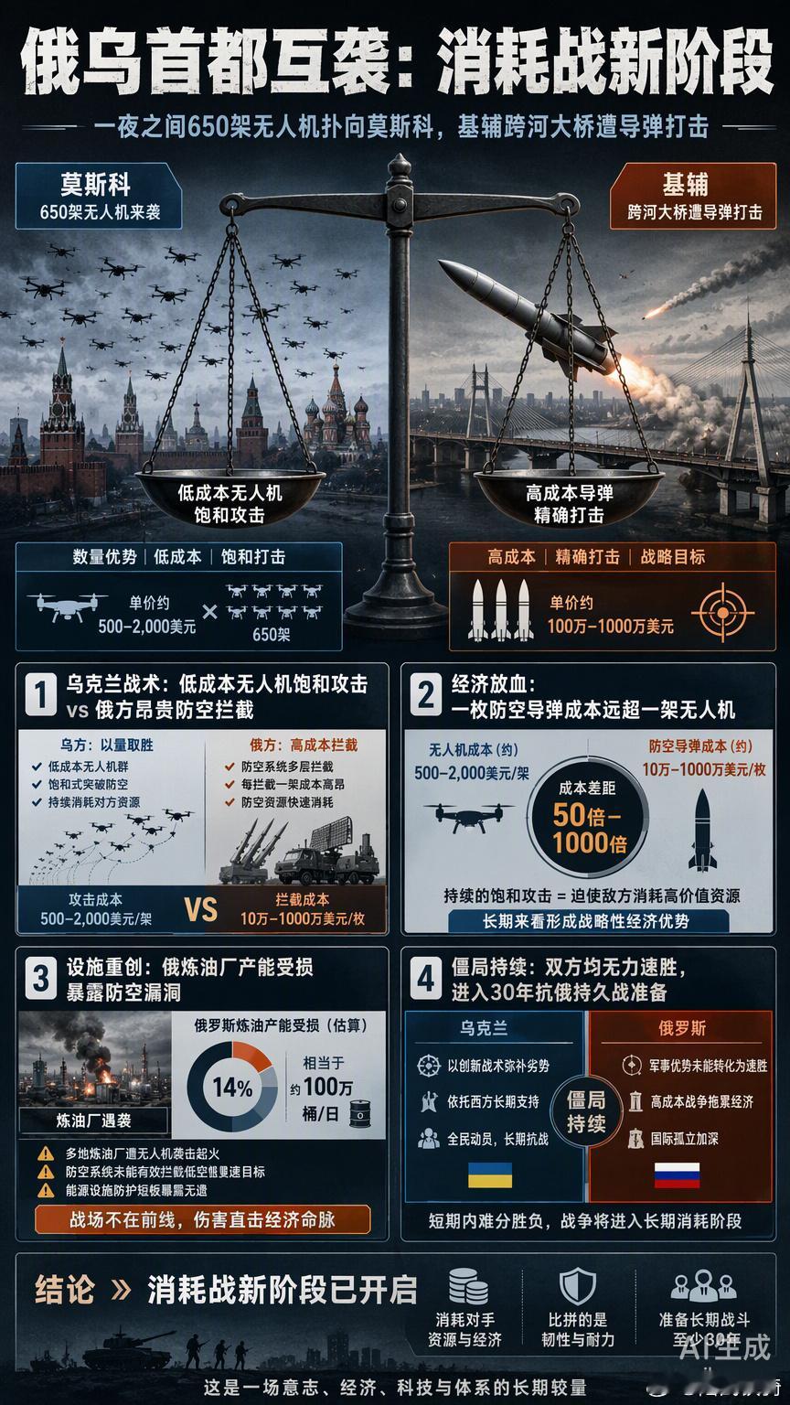 俄乌冲突又升级了，战火直接蔓延至两国首都。一夜之间650架无人机扑向莫斯科，俄罗斯则以导弹打击基辅跨河桥梁作为回应。这不再是单纯的前线拉锯，而是双方进入了对战争潜力与民生意志的无限制消耗战新阶段。

从军事逻辑看，乌克兰的战术是“低成本攻击消耗高昂防御”。利用廉价自杀式无人机实施饱和 ​