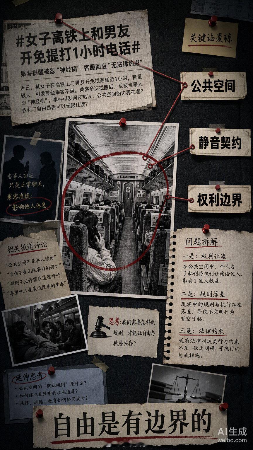 #女子高铁上和男友开免提打1小时电话#
成年人要有边界感，公众场所要讲公德。

在电梯、公共交通工具等密闭公共空间里用免提外放刷视频和高声通话的行为，过分模糊了权利的边界，属于放任自己行权而伤害他人权益的过错行为。

说几点：

一是公共空间的“权利让渡”。高铁车厢是典型的密闭公共空间，每个人在进入时其实都默认签署了一份“静音契约”。乘客买票获得的是位移运输服务，而不是对整节车厢声场的绝对控制权。开免提一小时，等于强制全车人旁听你的私人对话，这已经超出了合理使用的边界。

二是劝阻背后的“规则落差”。前排乘客那句“这里是公共空间，不是你家客厅”说得在理，但为什么最后要靠乘务员调座来平息？这说明现场管理存在明显的缺位。长达一小时的噪音干扰，乘务员未能及时干预，直到矛盾激化才出面，这种“和稀泥”式的处理方式，其实是在纵容对公共秩序的破坏。

三是法律与道德的双重约束。虽然目前对于高铁车厢外放行为缺乏硬性处罚条款，但《民法典》中关于相邻关系和公共场所文明行为的规定早已明确，行使权利不得损...