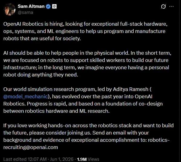 OpenAI 终于要做机器人了。 	 6 月 1 日凌晨，OpenAI...