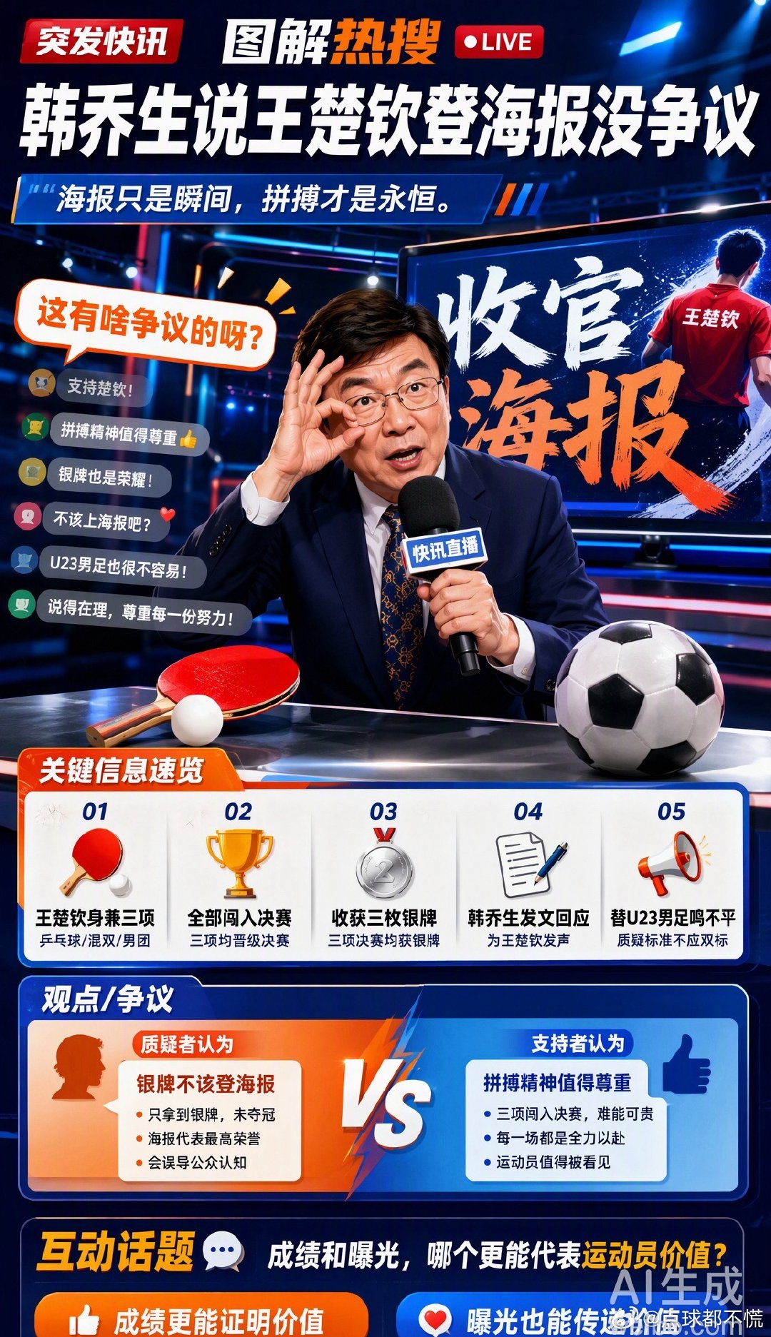 #韩乔生说王楚钦登海报没争议#
名古屋亚运会代表团收官海报里，多数出镜选手都是金牌得主，拿到三枚银牌的王楚钦出现在画面中，引发网络热议。

体育评论员韩乔生发文表态：“这有啥争议的呀？拿眼睛看不就完了吗。”
他还补充，如果一定要谈争议，时隔28年拿到铜牌的U23男足同样值得拥有画面一席之地 ​
