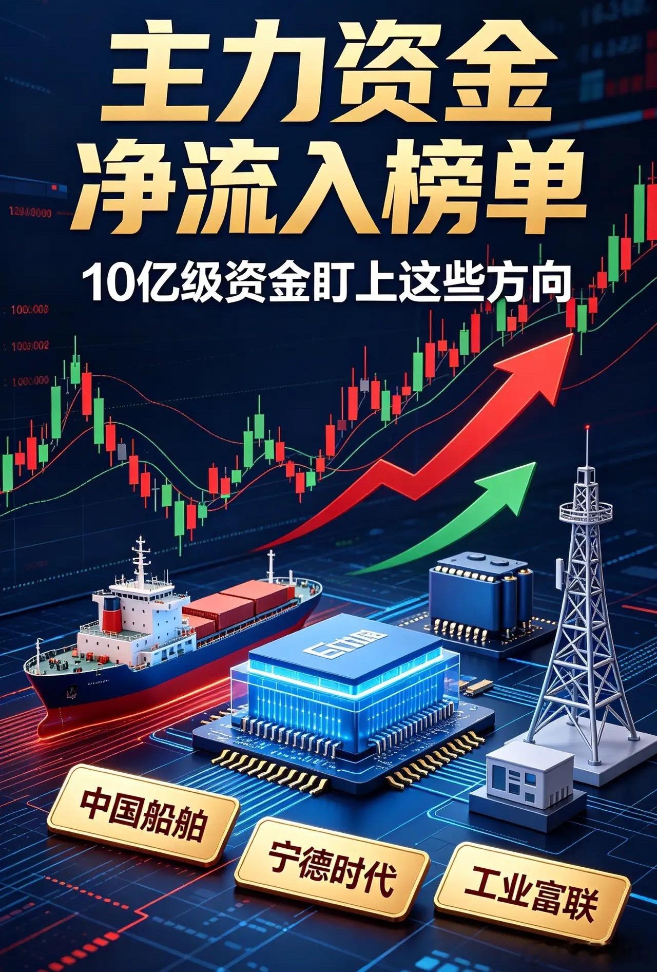 主力资金净流入榜单出炉！10亿级资金集中盯上这些方向

点赞➕关注，每日分享主力资金动向，快速捕捉市场资金偏好

最新主力净流入榜单来了，多只个股获得大额资金买入，市场资金并不是零散进攻，而是明显集中在几条主线上。

从榜单来看，中国船舶、宁德时代、工业富联、蓝色光标等标的资金流入居前， ​