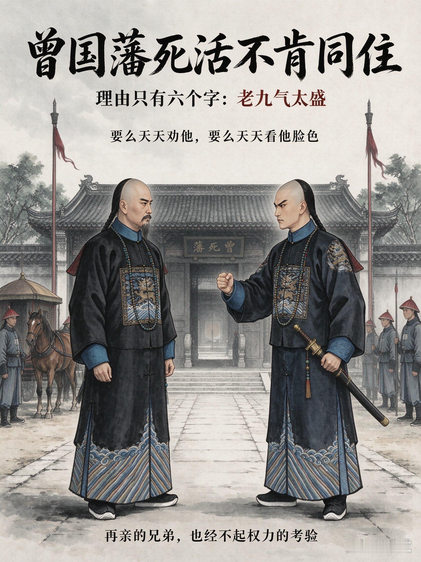 曾国藩死活不肯跟弟弟同住，理由只有六个字：老九气太盛。野史笔记《水窗春呓》记了一桩小事：曾国荃打下天京后，权倾一时，多次请哥哥搬来同住。曾国藩死活不肯，旁人问原因，他说：“老九近来气太盛，我若住过去，要么天天劝他，要么天天看他脸色，两样都难受。”位极人臣的兄弟，最后竟因“气场不合”保持距离。正史