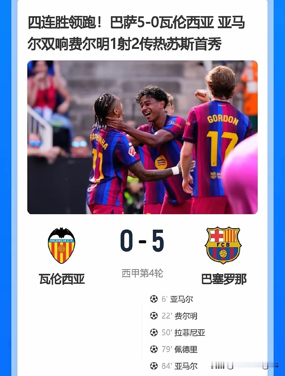 巴萨这5-0踢得，简直不给巴伦西亚留半点活路啊！

场上费尔明那状态，再加上奥尔莫替补上来就是两次助攻，俩人竞争同一个位置，这豪门的“奢侈”程度，真是让人看了眼红。

反观那个2000多万买来的阿德耶米，踢得那叫一个“菜”，说是替补都嫌占位置，再这么混下去，怕是连饮水机管理员都没得当了。


照这恐