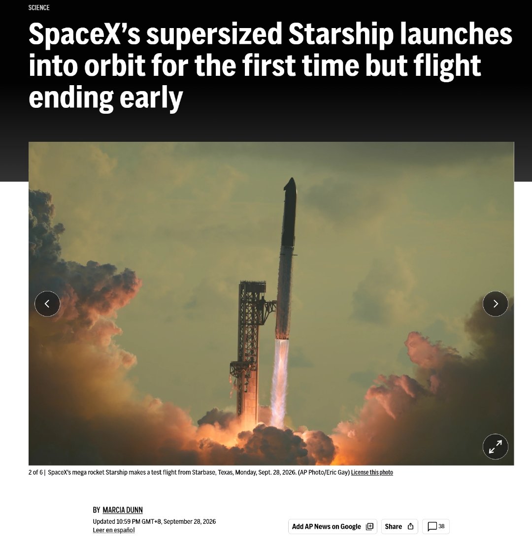 虽然有一台发动机过早关闭，但还是成功入轨并释放了卫星。这是星舰这艘巨大的飞船第一次成功进入地球轨道，不过原来计划的绕地飞行的时间被缩短了。 ​