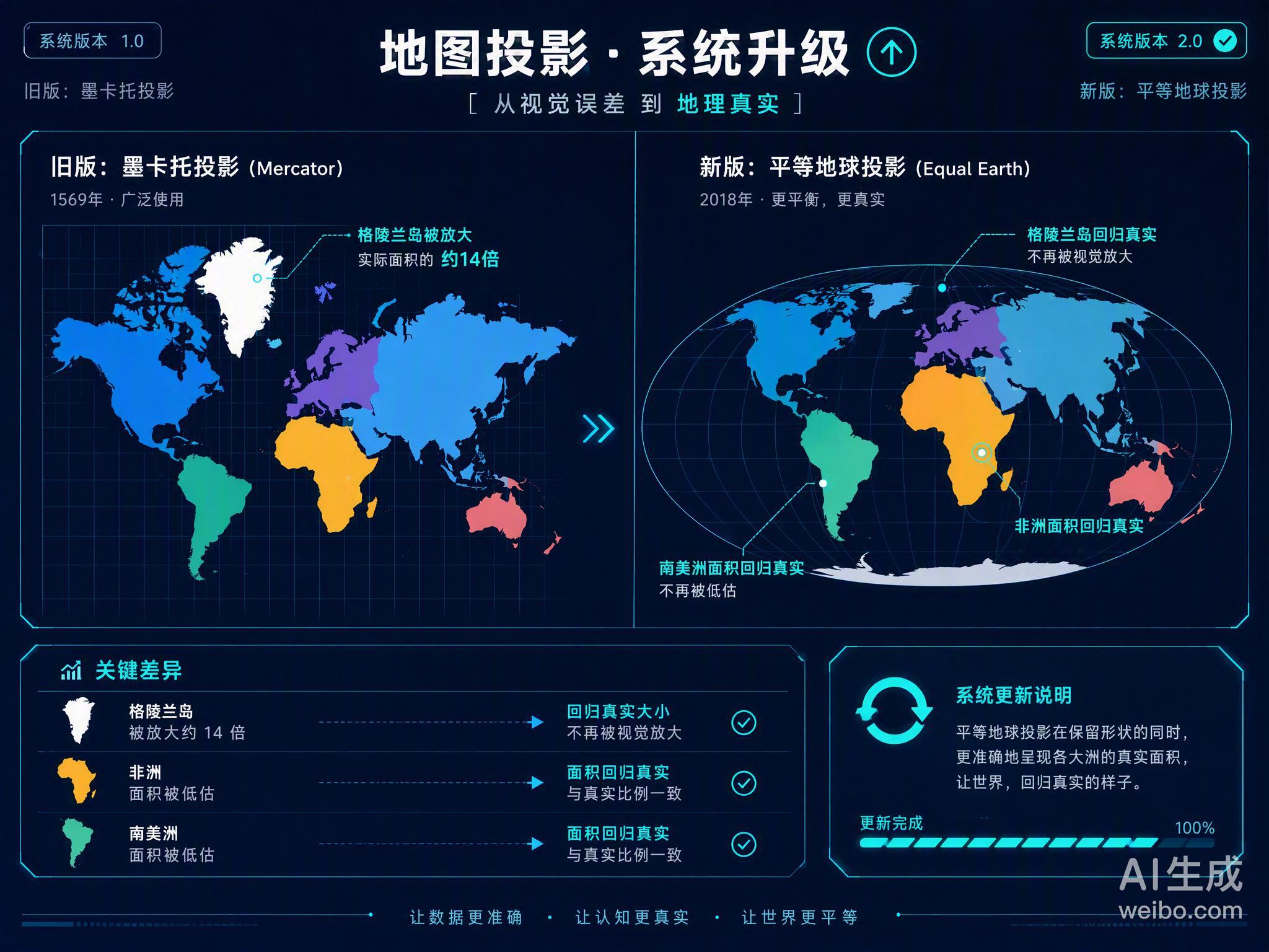 联合国这次换地图，本质上是一次全球视觉算法的“版本更新”。运行了400多年的墨卡托投影就像一套为了航海导航而优化的旧版渲染引擎，虽然保证了航线方向的准确，却严重扭曲了赤道地区的面积比例，让格陵兰岛看起来和非洲一样大。

2026年9月4日，联大以164:1通过决议，鼓励各国采用“平等地球投影”， ​