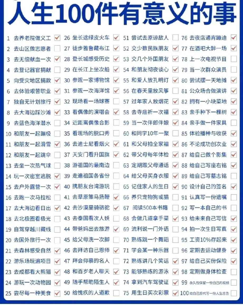 人生100件有意义的事，你做过多少件？