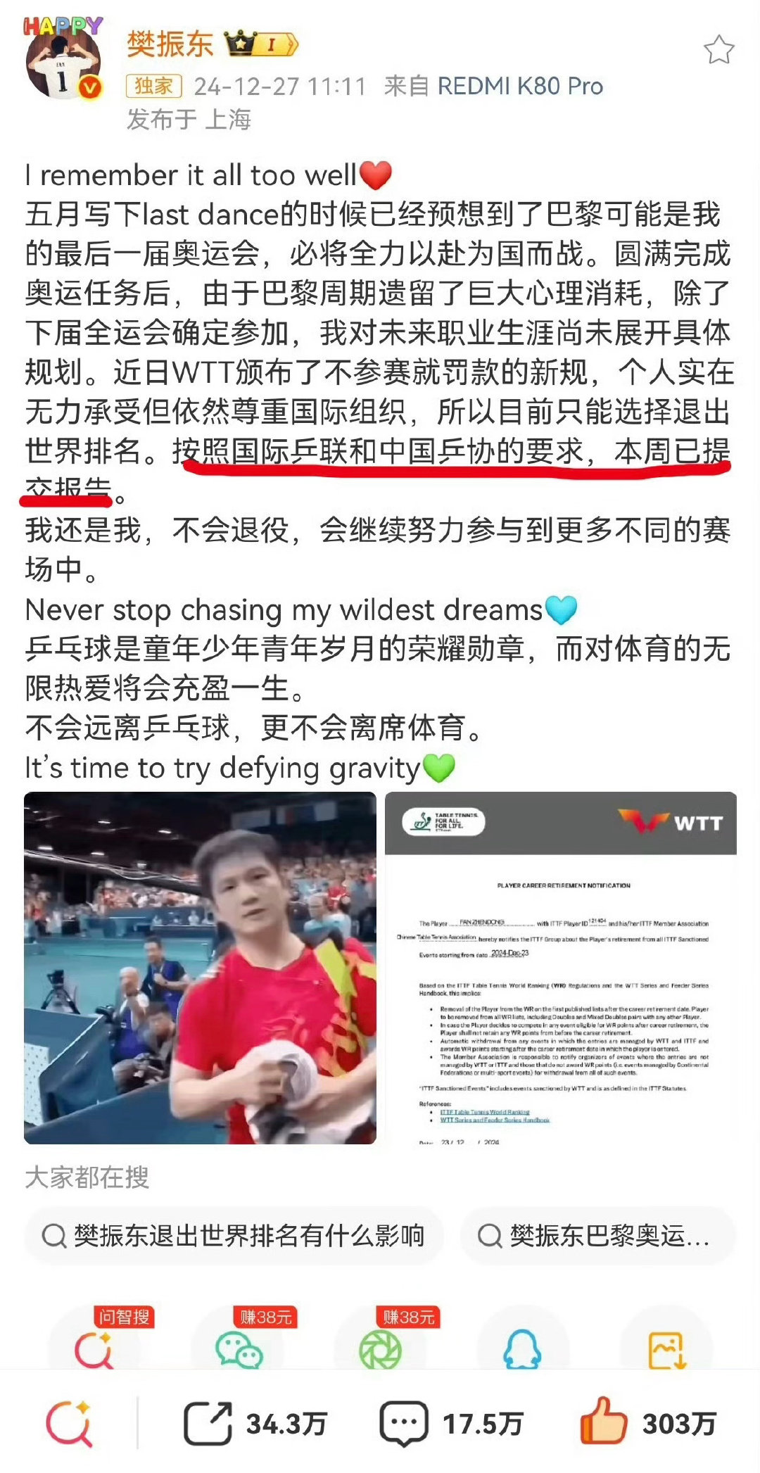 #樊振东朱婷为何淡出国家队#
现在都将“逼退”美化为“淡出”了？
请看原文表述：按照国际乒联和中国乒协的要求，本周已提交报告。 ​
