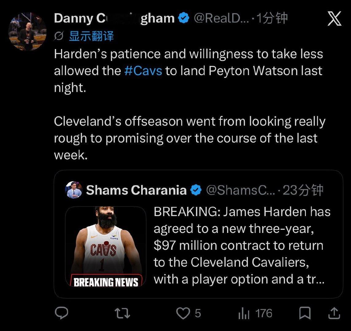骑记Danny：“哈登的耐心和愿意接受较低薪水的态度让骑士在昨晚成功得到佩顿·沃特森。克利夫兰的休赛期在过去一周的时间里，从看起来非常艰难转变为充满希望。” ​