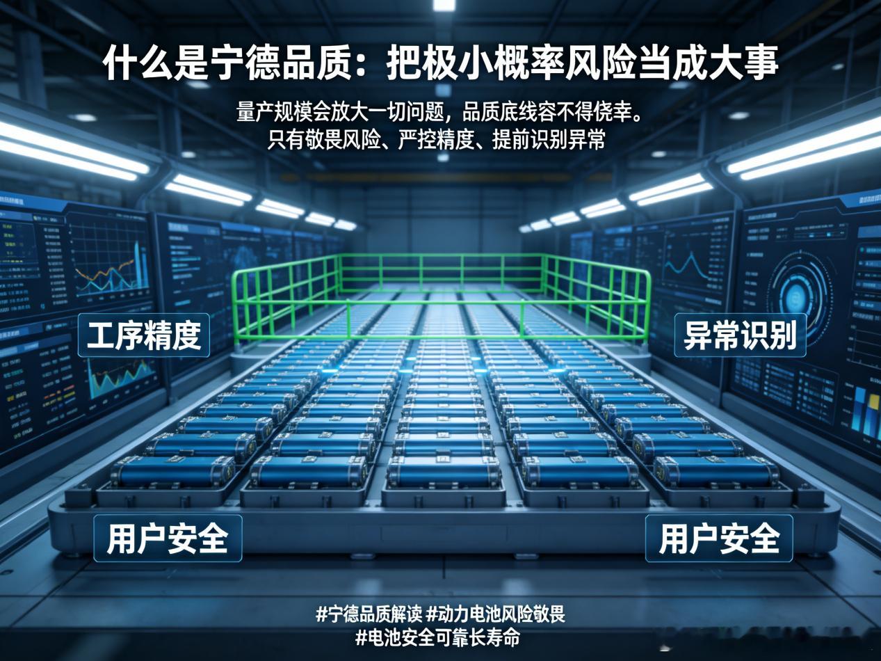 什么是宁德品质：把极小概率风险当成大事

宁德品质不是单一指标，而是安全、可靠、长寿命的长期稳定交付。用户选择的背后，是对不同时间、不同车型、不同场景下品质一致性的信任。

海量交付最考验企业底色。品质底线不是靠事后检测守住的，而是靠对每道工序、每个参数的持续严控，以及对异常的提前识 ​