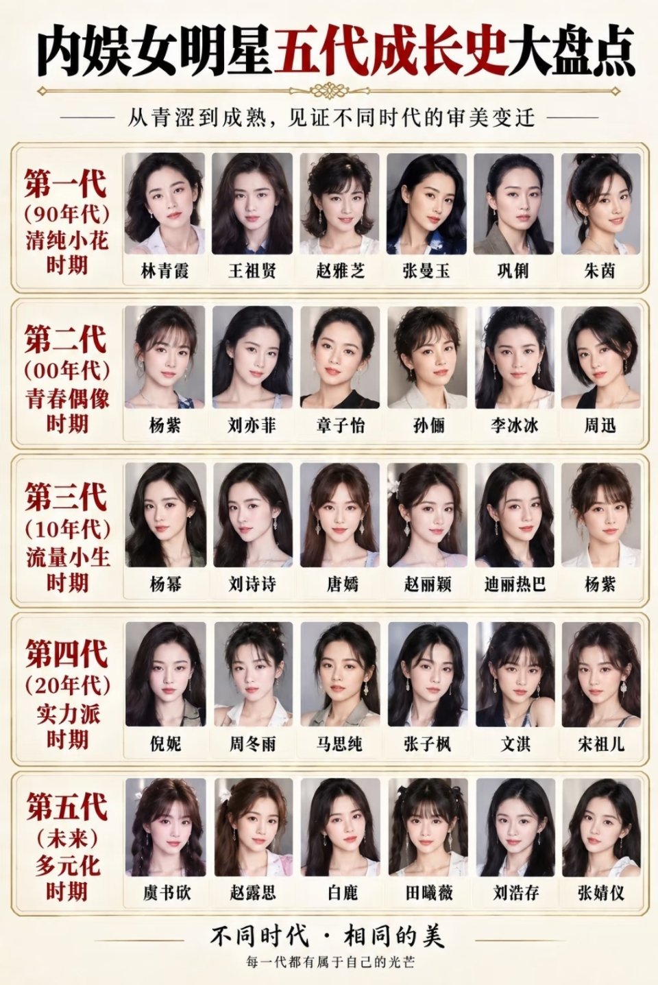 内娱🐟女明星五代图鉴
 
第一代90年代清纯小花:林青霞、王祖贤、赵雅芝、张曼玉、巩俐、朱茵
 
第二代00年代青春偶像:杨紫、刘亦菲、章子怡、孙俪、李冰冰、周迅

第三代10年代流量时代:杨幂、刘诗诗、唐嫣、赵丽颖、迪丽热巴
 
第四代20年代实力派时期:倪妮、周冬雨、马思纯、张子枫、文淇、宋祖儿
 ​