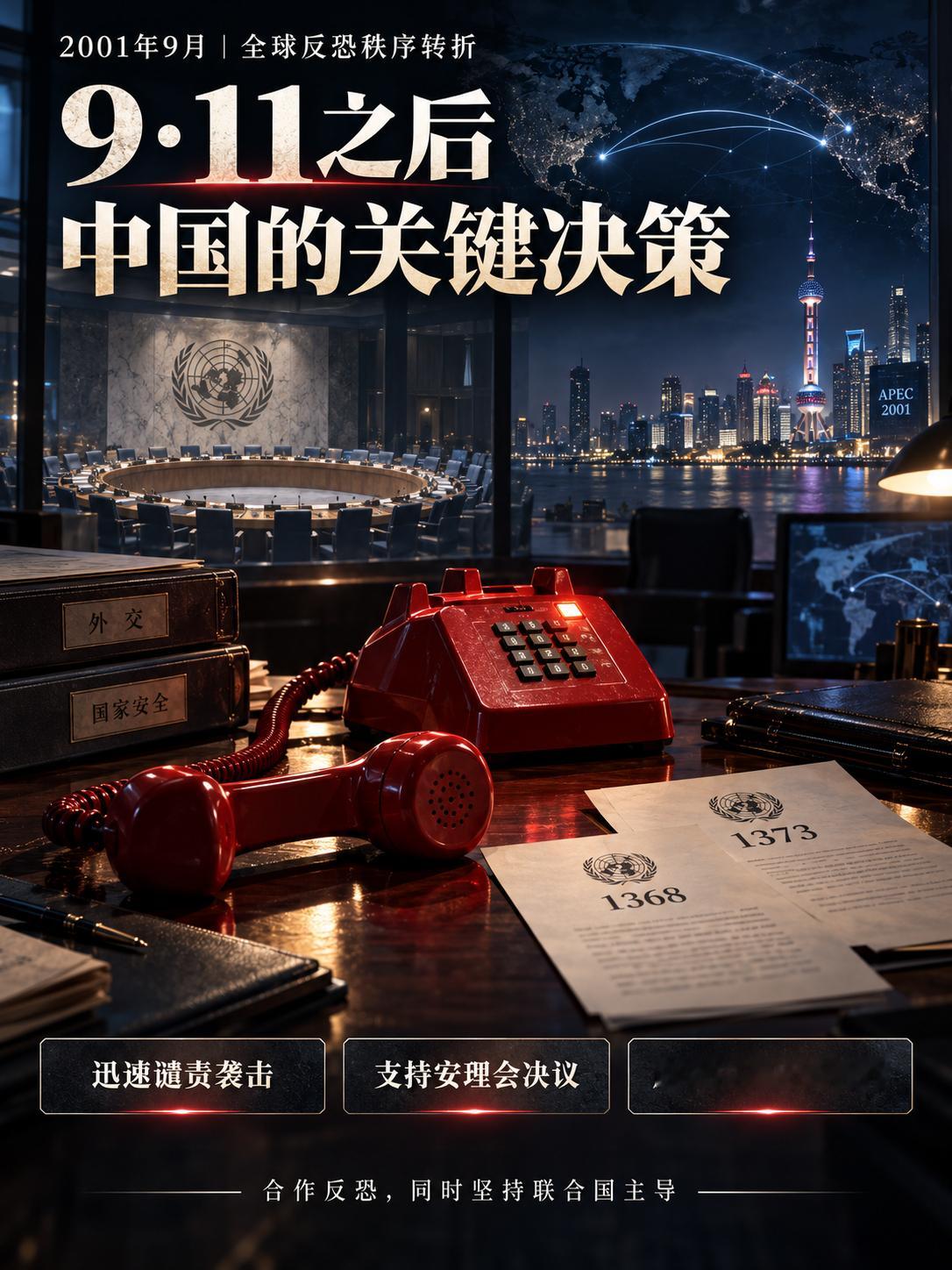 911事件爆发，中国领导层及时做出了哪些决策？Claude对此解答：

911事件后，中国领导层的决策大致体现在外交表态、联合国框架内的多边支持、对美安全合作三个层面，同时始终坚持"多边框架下推进反恐"这一原则底线。

第一时间的外交表态
北京时间2001年9月11日晚，江泽民就致电布什表达慰问，谴责恐怖 ​
