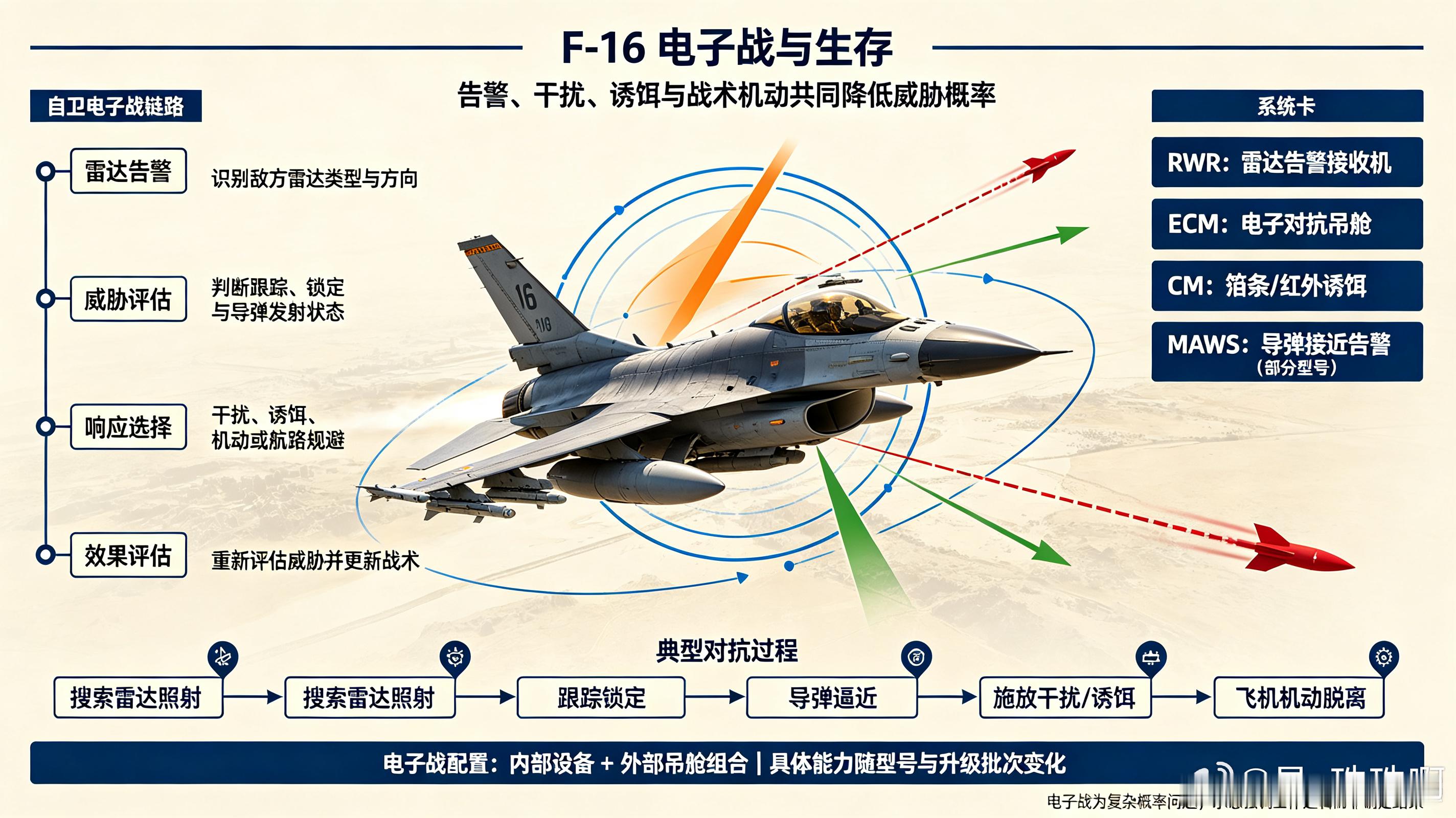 F‑16是上世纪研发的单发中型四代机，依靠电传飞控、气泡座舱，拥有出色近距离机动性能，经过多轮升级，至今仍是美军海外冲突的主力机型。在“史诗怒火”行动中，F‑16CJ野鼬鼠版本承担关键任务，携带反辐射导弹执行防空压制，配合防区外弹药打击伊朗地面目标，同时执行霍尔木兹海峡上空巡逻，拦截无人 ​