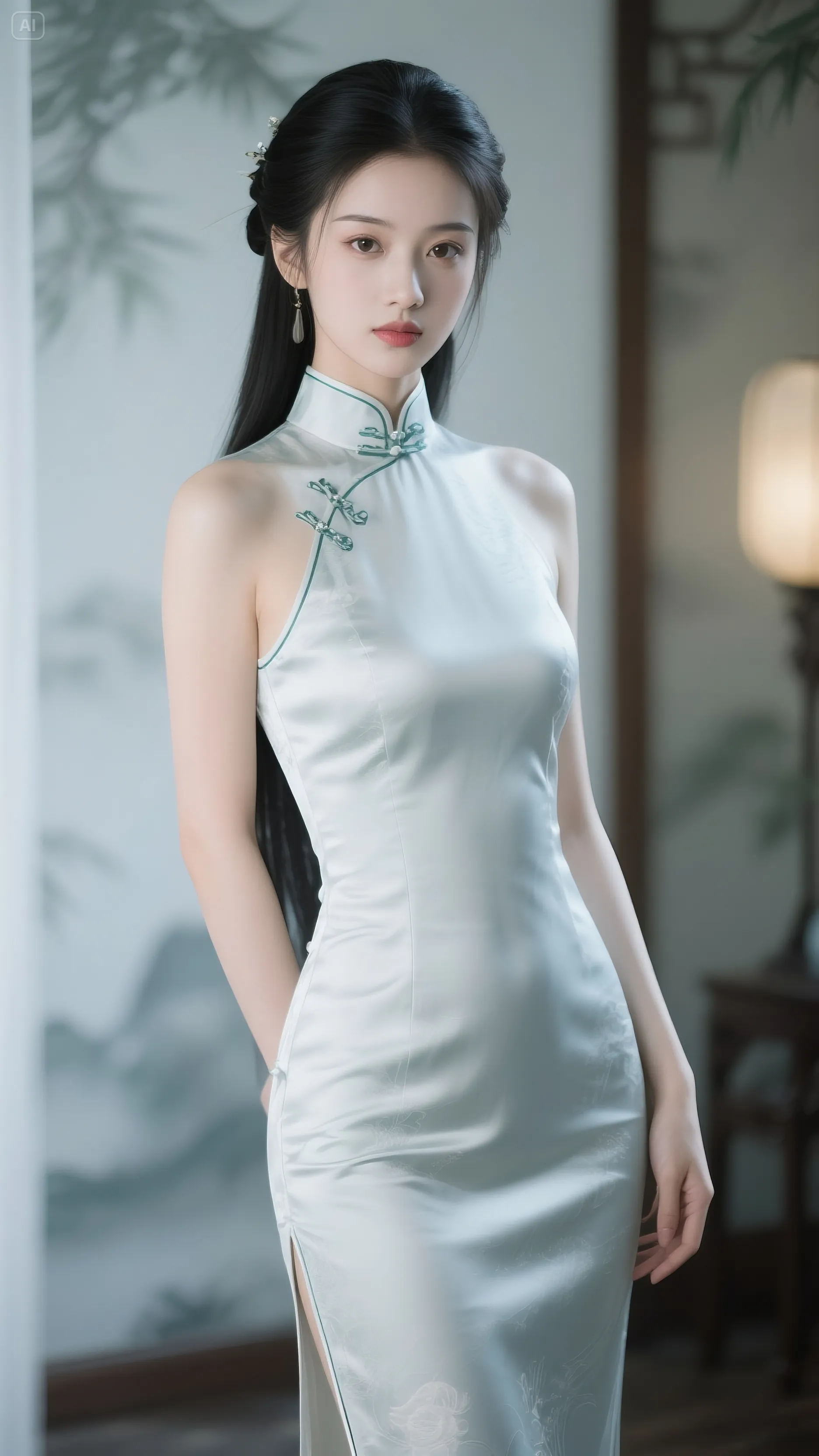 一袭素雅旗袍勾勒曼妙身姿，古韵佳人于中式雅境间绽放东方风情