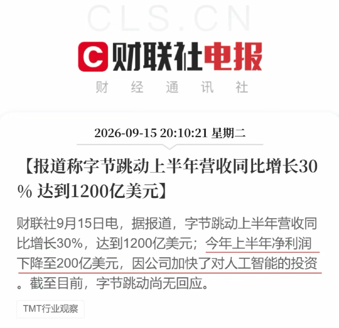 刚感慨完腾讯为了AI投入频繁卖股票，这厢字节的AI资本开支也有信号传出了

上半年营收同比增长30%，达1200亿美元，但是净利润下降至200亿美元，真·赚的赶不上花的 ​