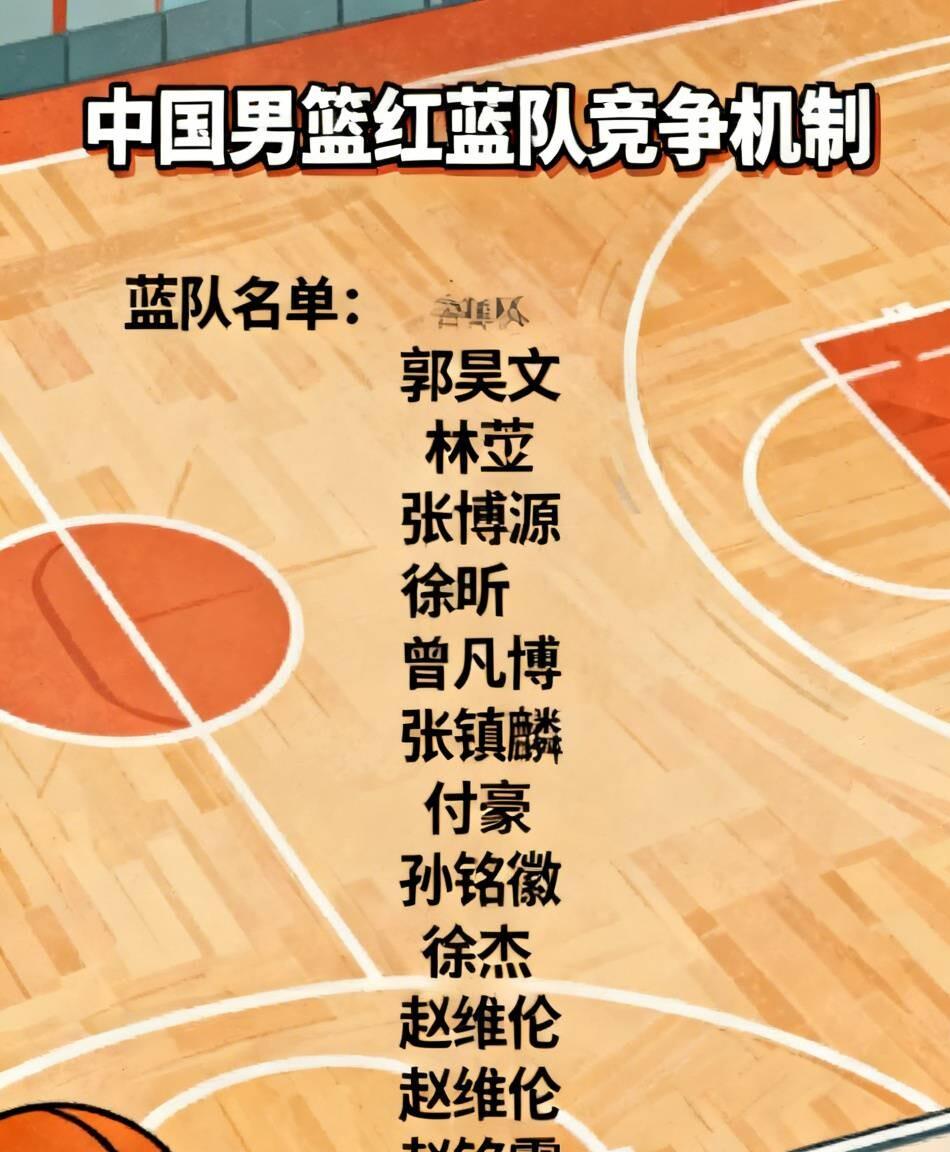 有支队伍。
我越想越憋屈。
那些被贴上不听话、有伤、不合战术标签的人，东一个西一个凑起来，居然凑得齐一套完整阵容，五个位置一个都不缺。
郭昊文、林葳、张博源、徐昕、曾凡博、张镇麟、付豪、孙铭徽、徐杰、赵维伦、周琦、赵睿、祝铭震。这串名字念一遍就该明白，缺的从来不是人。
姚明当年搞红蓝两队，图的就是这