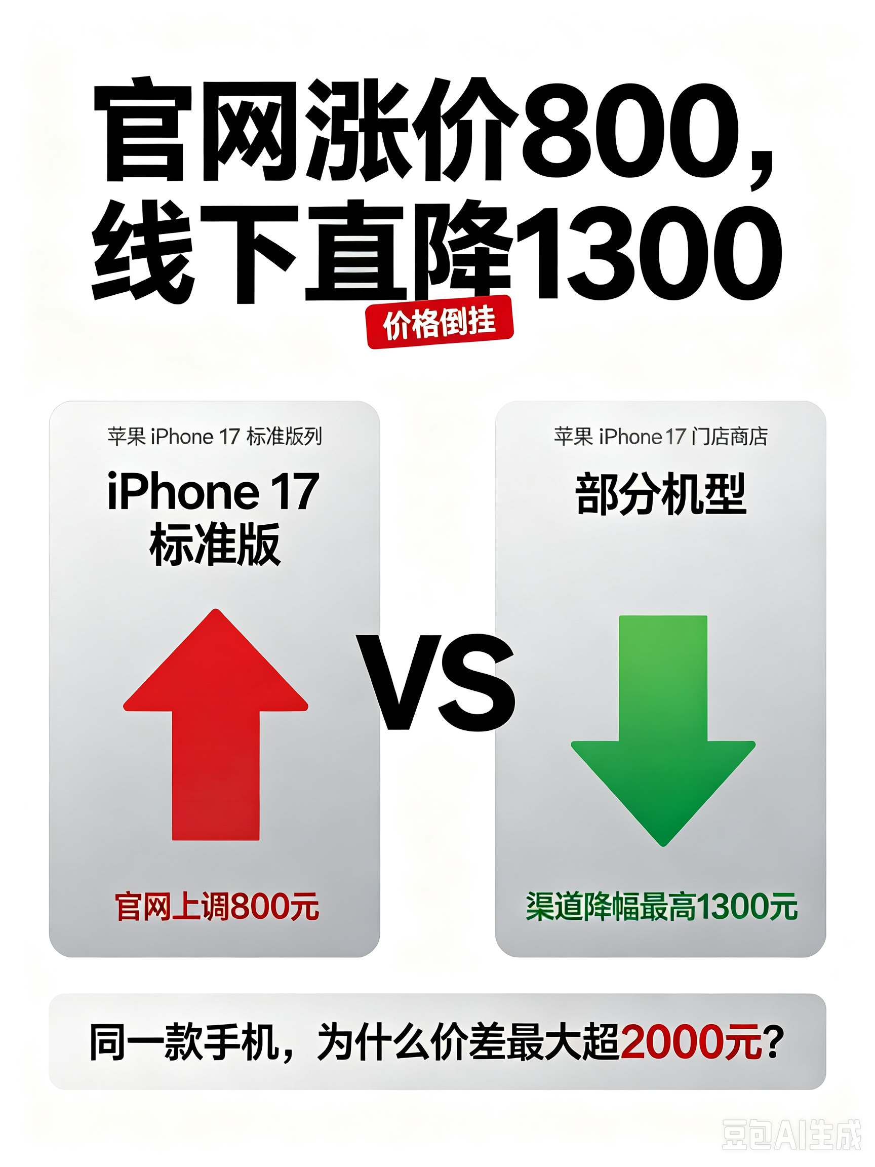 官网涨价800，线下直降1300！iPhone上演魔幻价格倒挂
 
9月10日苹果秋季新品发布会结束后，苹果官网将iPhone17标准版全线上调800元，同时永久下架iPhone17 Pro全系列产品，但国内线下授权渠道反而同步开启降价促销，叠加国补后部分机型最大降幅达1300元，形成官方涨价、渠道