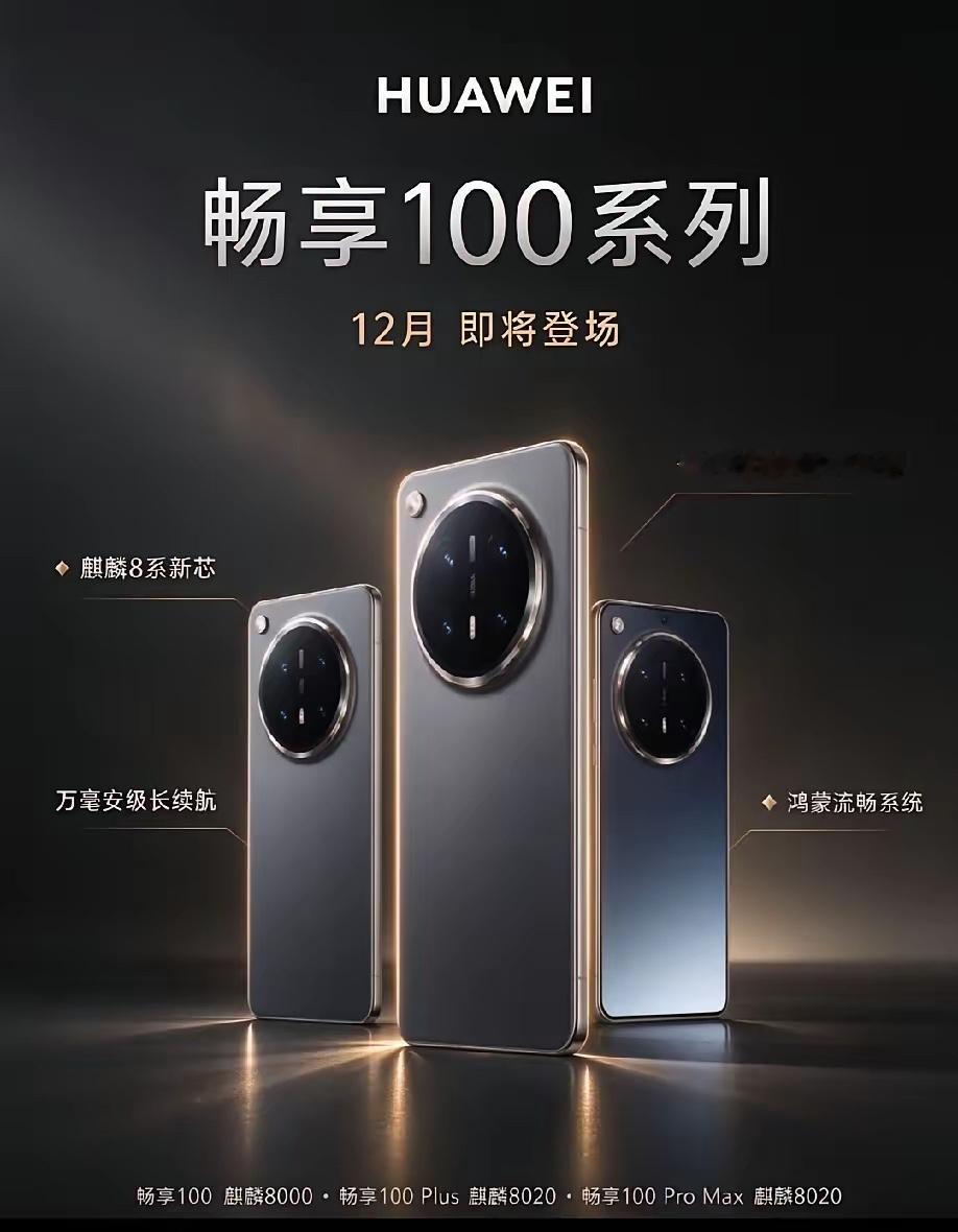 华为畅享100系列被爆！
麒麟8系芯片+万毫安大电池，12月登场

华为畅享100系列海报正式曝光，新机定于12月登场，包含畅享100、畅享100 Plus、畅享100 Pro Max三款机型。

芯片配置上，畅享100搭载麒麟8000，Plus与Pro Max版本配备麒麟8020，全系麒麟8系新芯