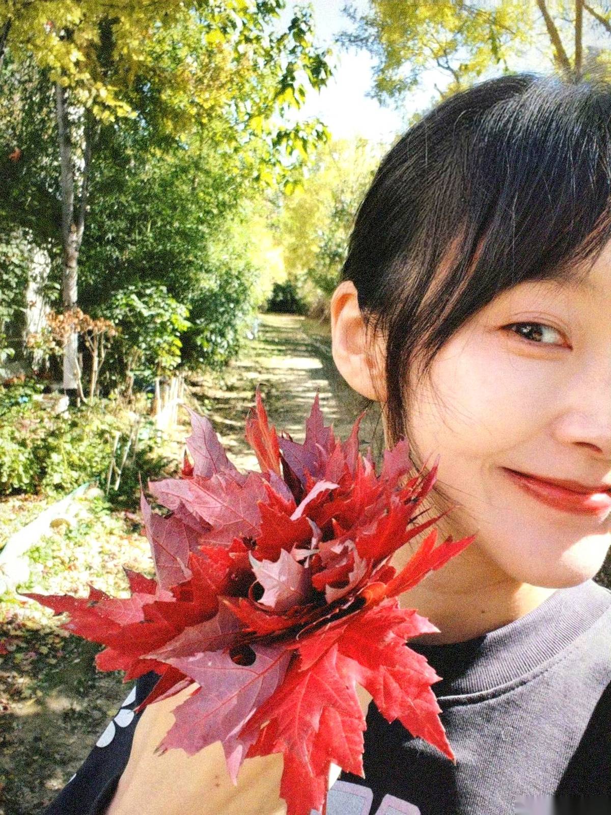 演员张佳宁10月15日发了一组秋天随拍，既没有精美红毯照，也没有新戏通告，就几张落叶和秋天的阳光。
配的文字也简单得很：“风是甜的，阳光是暖的，所有美好不期而至。”
在这个人人都在争番位、拼曝光、赶场子的圈子里，别家艺人动态里塞满了精修大片和商务标签，她手里的镜头却只对着脚边的黄叶和头顶的天空。没有