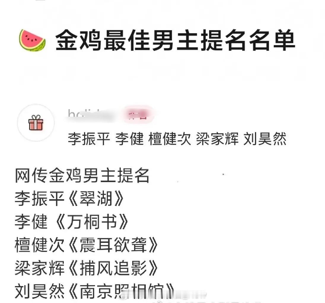 网传第39届金鸡奖提名名单

金鸡奖最佳女主提名：
辛芷蕾 《日掛中天》
马福福 《语文的滋味》
高叶《南京照相馆》
李思潼 《给阿嬷的情书》
郑秀文《夜王》

金鸡奖最佳男主提名：
李振平《翠湖》
李健《万桐书》
檀健次《震耳欲聋》
梁家辉《捕风追影》
刘昊然《南京照相馆》

金鸡奖发布会于10月19 ​