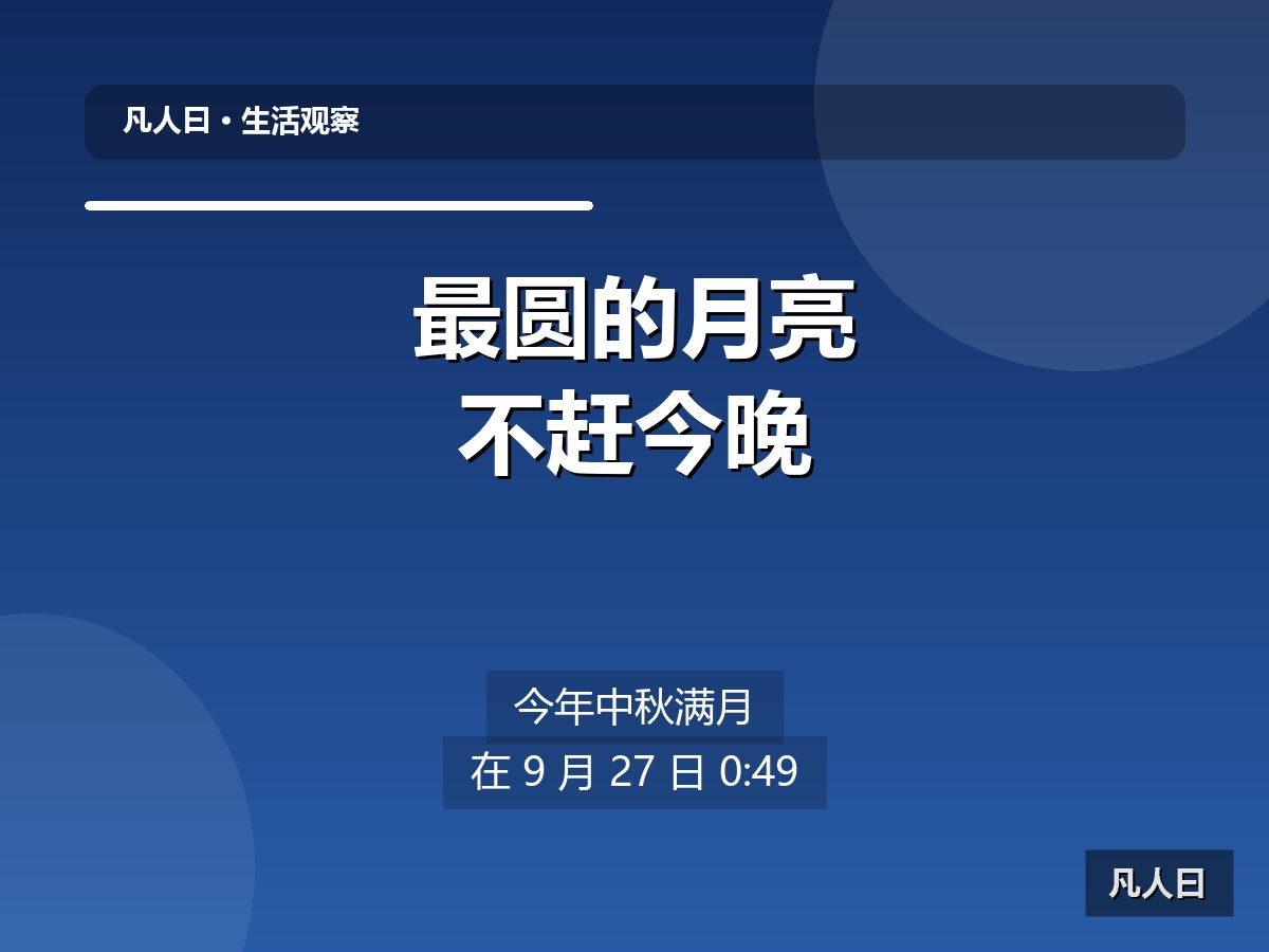 十五的月亮十七圆。今年中秋，最圆的月亮不赶在今晚，而是拖到9月27号凌晨0点49分。有人一听就失望：那今天还赏什么月？其实，今晚的月亮已经被照亮超过98%，肉眼看和“最圆”几乎没什么差别。你等的不是月亮，是那个“刚刚好”的时刻。

中秋节落在八月十五，月亮却走自己的轨道，不会迁就我们的日历。天文台说