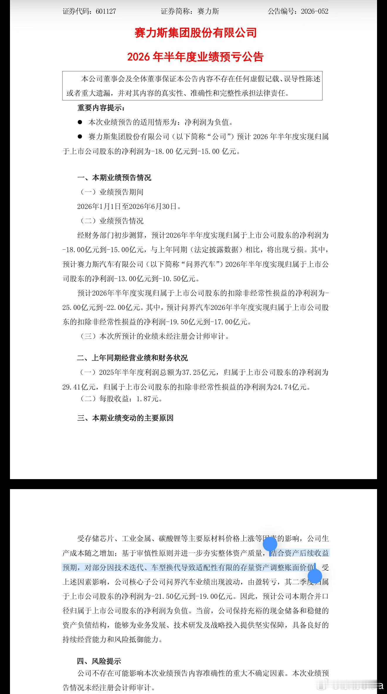 从去年同期的盈利29.41亿，到今年上半年预亏15到18亿——赛力斯的...