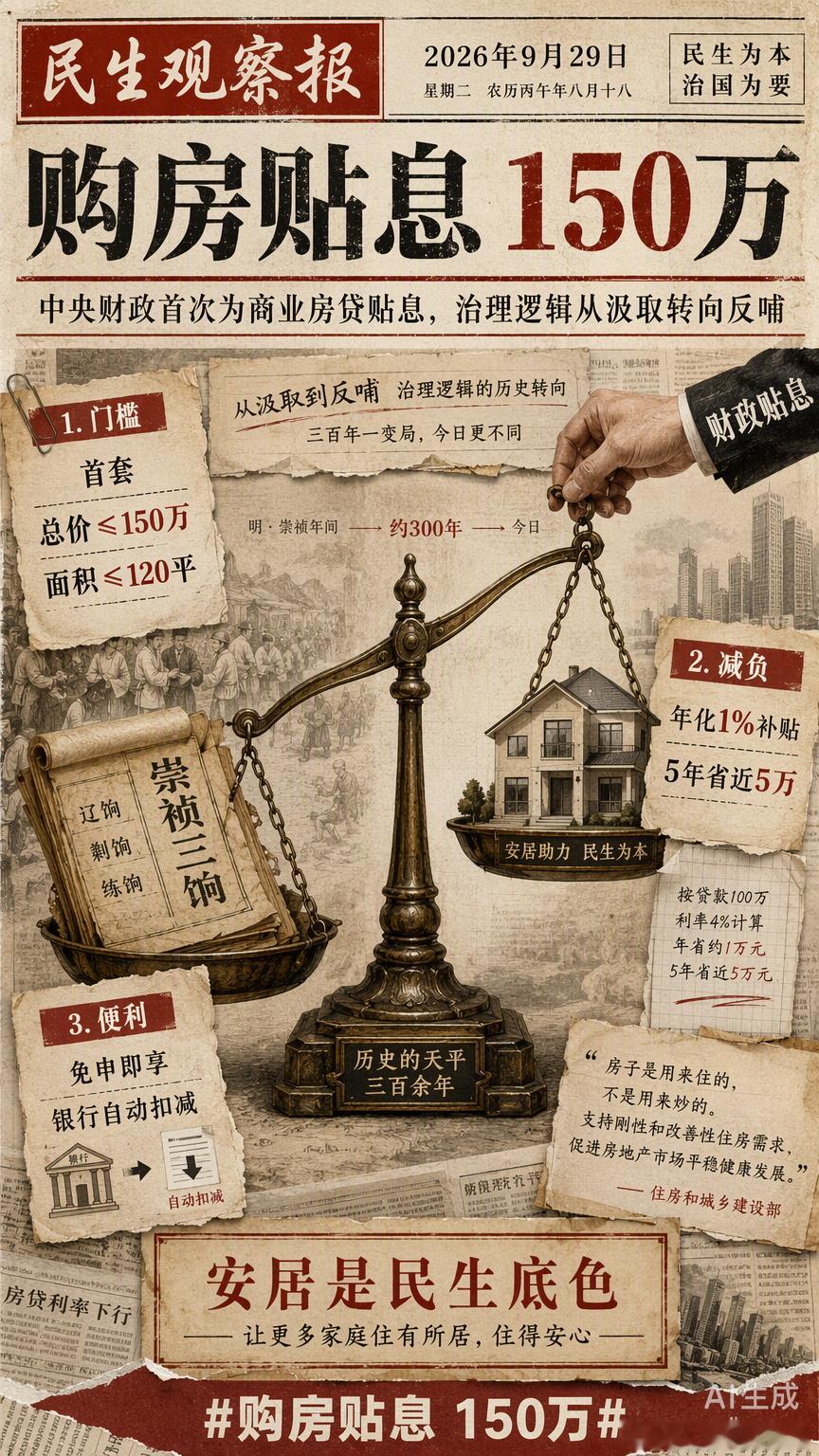 历史上，王朝为了稳固根基，往往会通过土地与户籍的再分配来缓解社会矛盾。这次中央财政首次对商业房贷贴息，看似是简单的经济账，实则是国家在楼市逻辑里的一次“主动让渡”。

政策把门槛卡在首套、150万总价和120平米以内，这不仅仅是筛选刚需，更像是在给那些被高房价挤压的年轻人留一个喘息的窗口 ​