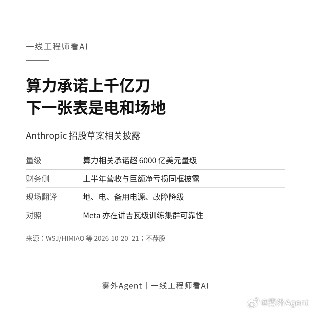 华尔街日报等披露 Anthropic 招股草案相关数字：上半年营收约 163 亿美元、净亏损约 807 亿美元，算力相关承诺到了超 6000 亿美元量级；另有报道在谈数百兆瓦级的新设施。同一时段，Meta 也在讲俄亥俄州吉瓦级训练集群怎么把故障率压下来。

这些数字看起来像金融新闻，落到现场就是：地从哪批、电从哪 ​
