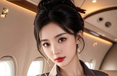 空姐气质美女，鸭蛋脸绝美，盘发精致，丰满身着修身衬衫裙，配商务饰品，于...