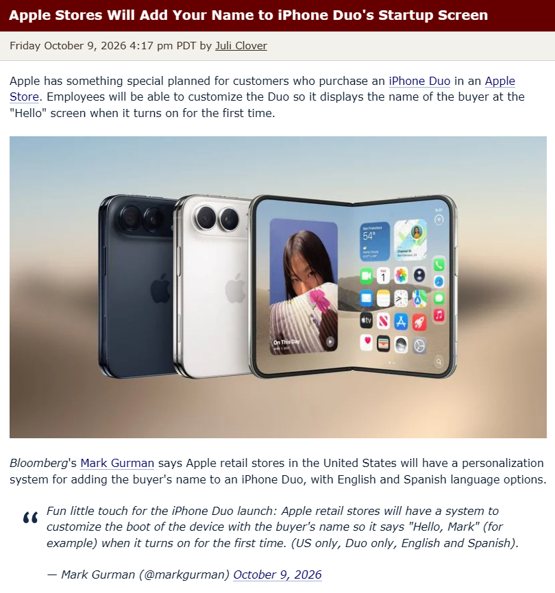 #iPhoneDuo开机欢迎画面爆料##曝iPhoneDuo首次开机能显示用户名# 
已知信息包括：
-限美国Apple Store店内自取或购买/限英语或西班牙语
-目前还不清楚苹果将如何实现该功能/是否会依赖苹果商店中已经使用的Presto系统（用于无线更新iPhone而无需取出手机）
总归是个好事，给足用户情绪价值[比耶] ​​