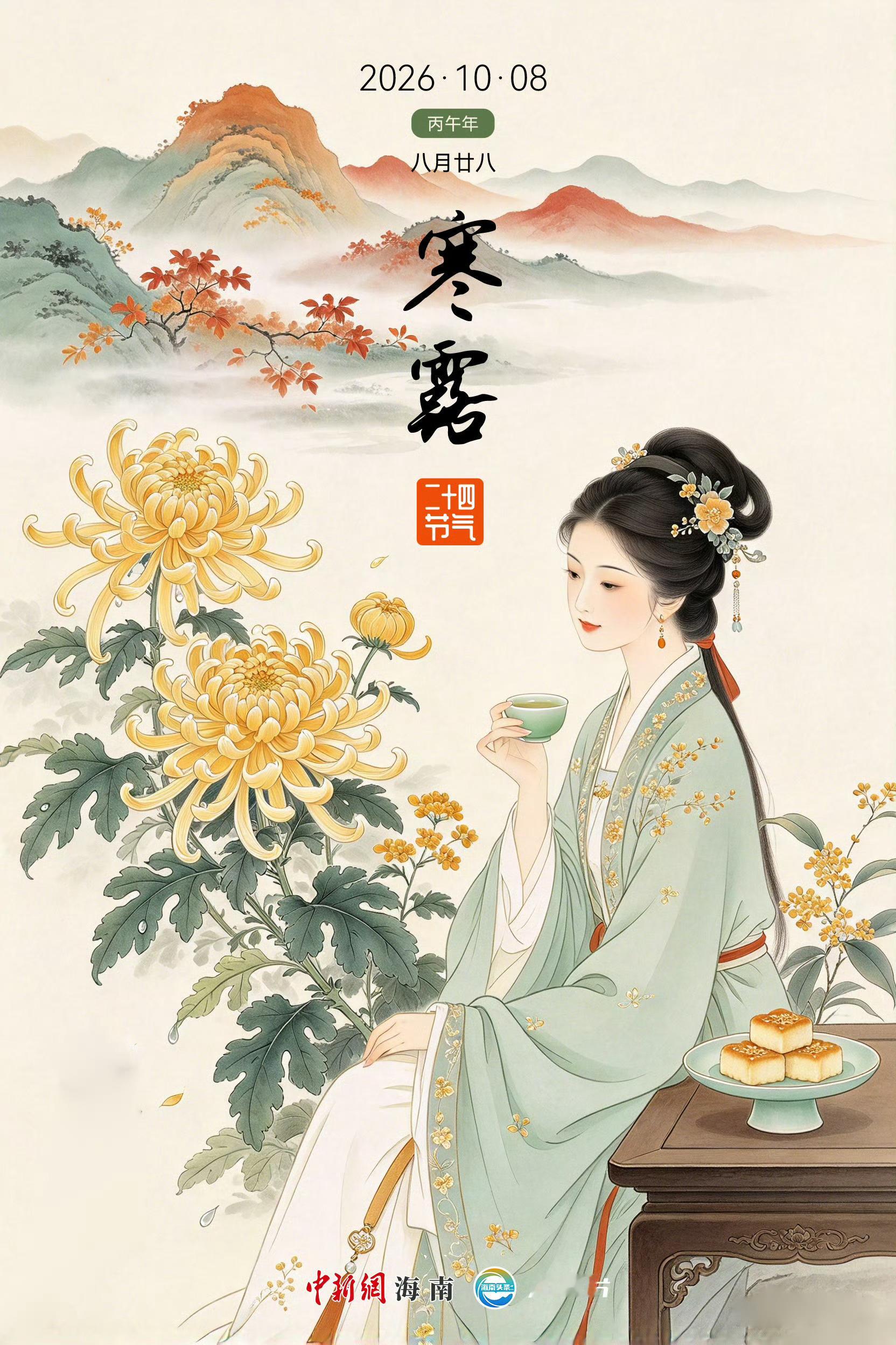 #早安[超话]##天涯问早# “寒露惊秋晚，朝看菊渐黄。”#寒露# 一到，秋意已深🍂。北方红叶渐染山野，南方秋意日渐深浓🍁。此时昼暖夜凉，秋燥渐显，记得添衣暖足[围脖]。愿你在这一季深秋里，心有暖阳，不惧寒凉[太阳]。#早安# [兔子]

寒露时节，民间有登高赏菊🌼、饮菊花酒、吃花糕、秋钓边等 ​