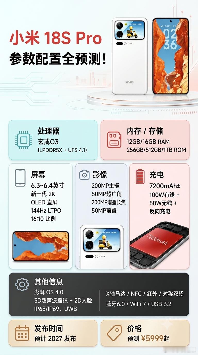 📱小米全新阔直板来袭！小米18SPro爆料拆解！

直板旗舰迎重磅选手！小米18S Pro配置全曝光，主打阔直板与超强续航，换机党速看👇
✨ 外观亮点
独立背屏：镜头区嵌入副屏，消息导航免亮屏即看
阔直板黄金屏：6.3-6.4吋16:10纯直屏，握持视野双赢
满级防护：金属中框+IP68/IP69防护
⚡ 硬核性能
自 ​