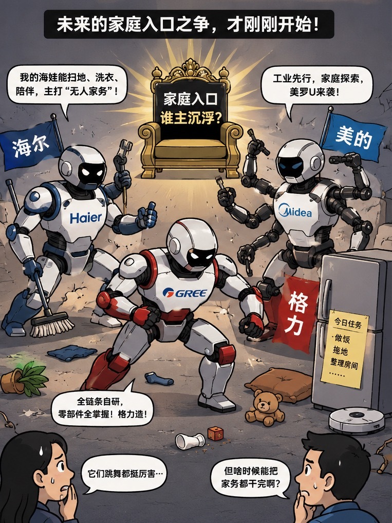 #家电三巨头集体杀入具身智能赛道#

我觉得家电三巨头集体杀进具身智能，真正值得关注的，不是“海尔、美的、格力也开始造机器人了”，而是一个很现实的信号：家电行业可能正在提前争夺下一个“家庭入口”。

过去几十年，家电解决的是单一任务。洗衣机负责洗衣服，冰箱负责储存食物，空调负责调节温度 ​