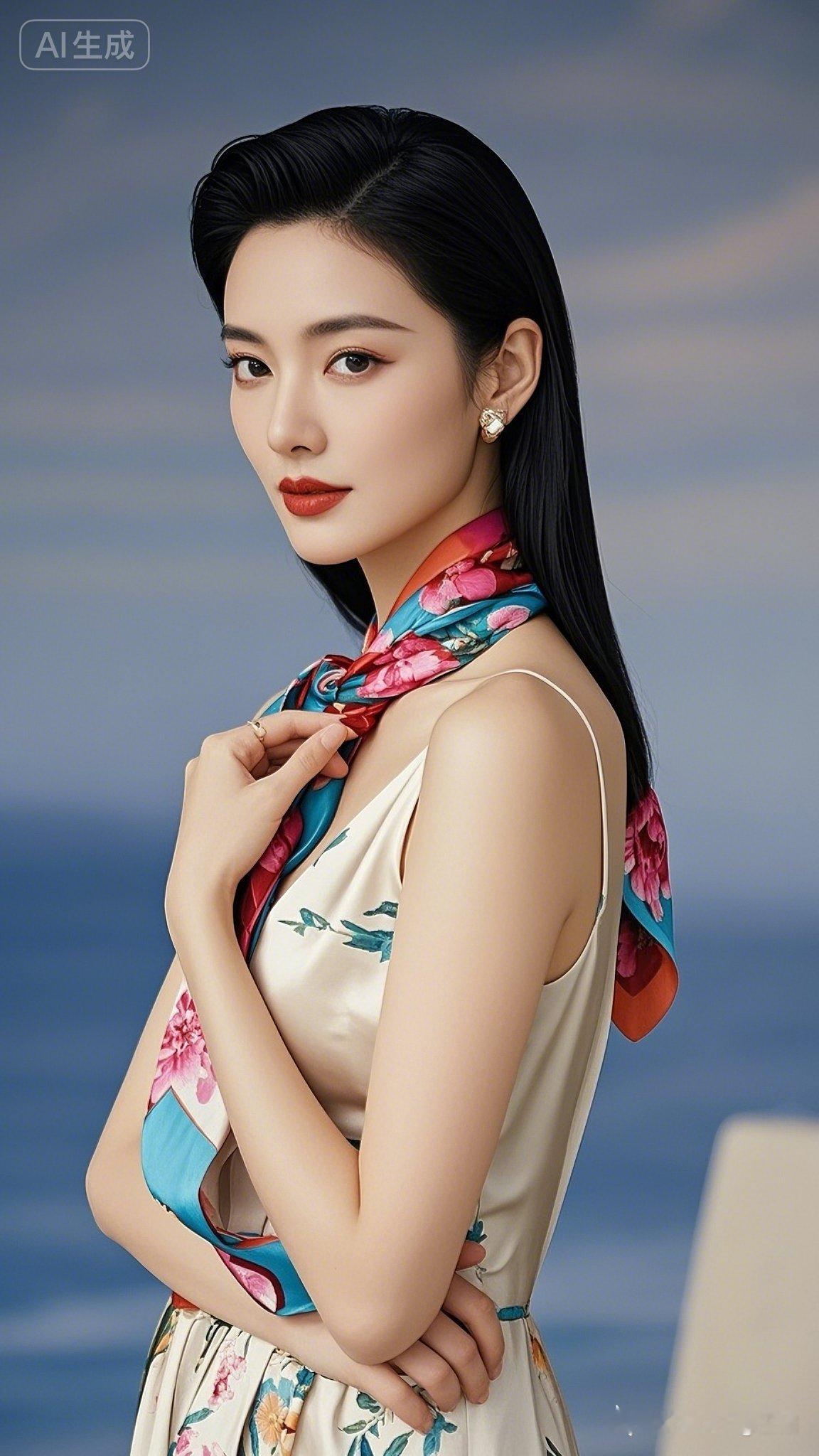 绝色美女乌黑亮发精致整洁，妆容细腻，眼神温和明亮，嘴角漾着浅笑意。浅色...