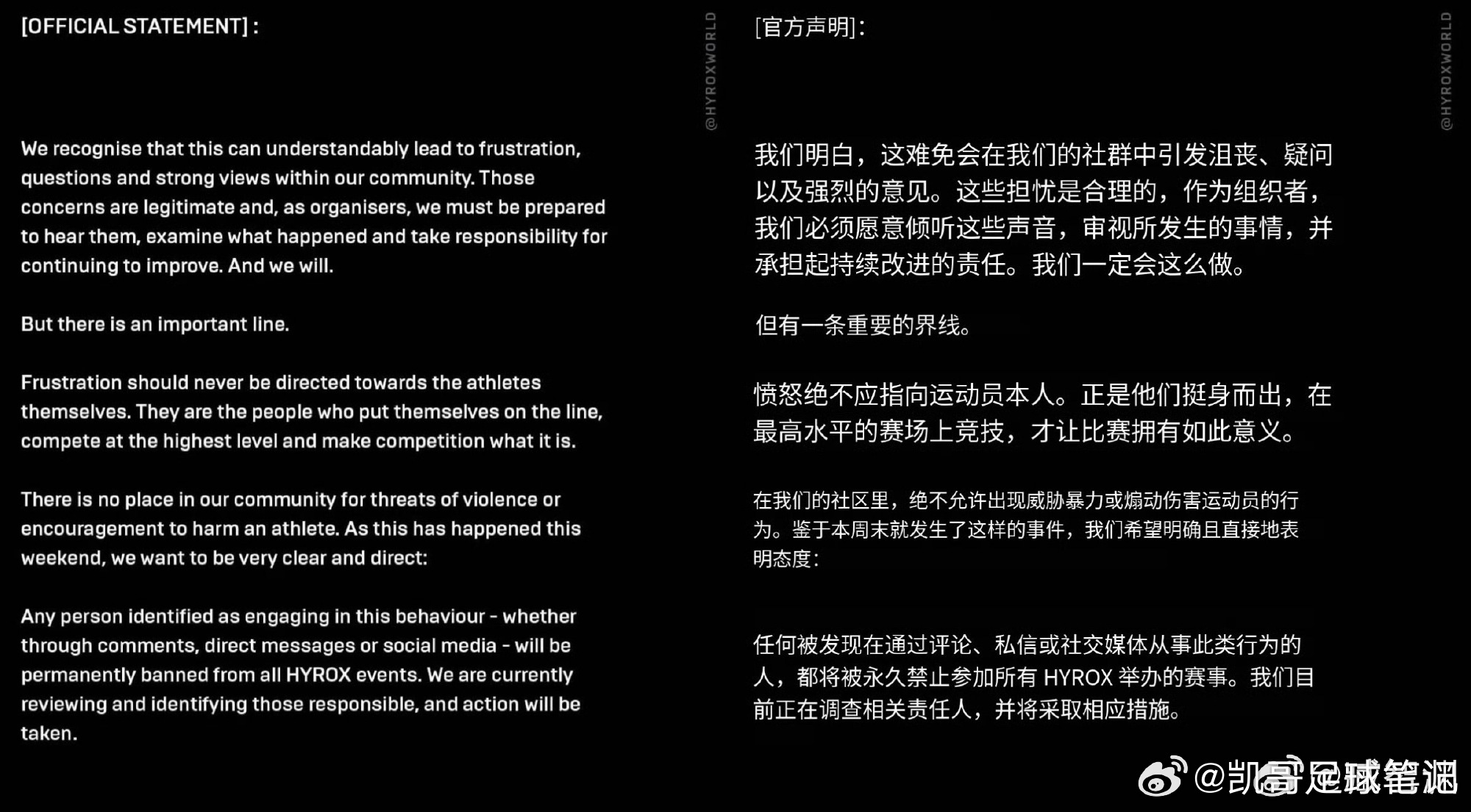 #HYROX将永久禁赛威胁运动员人员#
HYROX发布声明，针对北京站赛事争议作出回应。

赛事承认赛事处置流程存在疏漏，将复盘优化赛事规则。
同时宣布：对运动员实施暴力威胁、煽动伤害的人员，一经核实，将被永久禁赛所有HYROX赛事，目前正在开展相关核查。

此前北京站比赛，选手比赛中出现身体状况仍坚 ​
