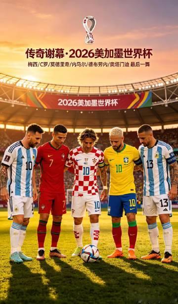 2026美加墨世界杯，传奇谢幕！梅西、C罗、内马尔、德布劳内、奥塔门迪最后一舞