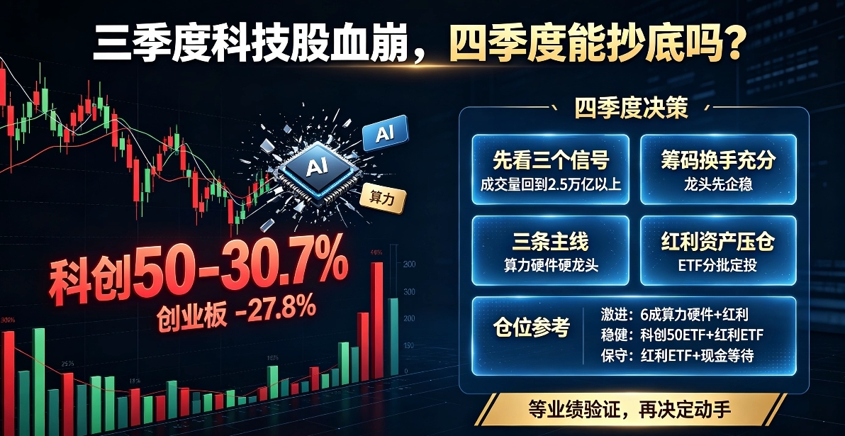 三季度科技股血崩，科创50暴跌30%，四季度能抄底吗？
三季度A股跌出了两年最惨纪录，但真正的黄金坑可能就在眼前。

科创50单季暴跌30.7%，创业板跌27.8%，全市场只有四个板块是涨的。钱都跑了，日均成交从3.13万亿缩到1.4万亿，缩量超过一半。

7月科技股先崩了。算力、存储那些上半年涨疯