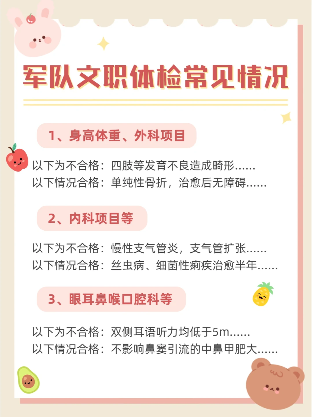 军队文职体检各项目常见的合格及不合格情况