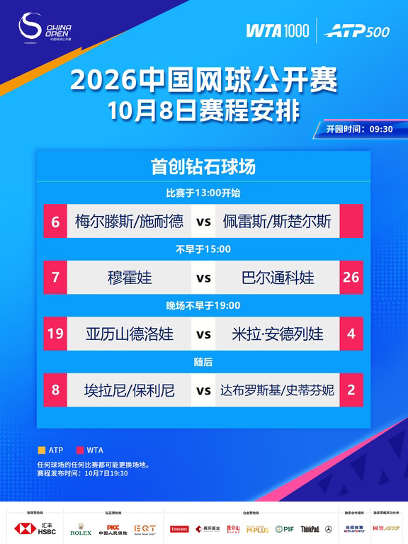 🎾2026中网10月8日赛程公布