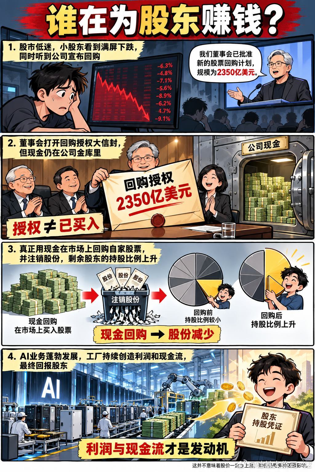 英伟达2350亿美元回购：谁在为股东赚钱？

昨夜美股普跌，英伟达逆势上涨。催化剂是新增1500亿美元回购授权，叠加原有尚未使用的850亿美元，总剩余额度2350亿美元，计划在2028财年内执行。请先看清：授权不是已经买入。

买股票，买的是企业未来利润和现金流的一份所有权。假设企业有100股，你持有一股 ​