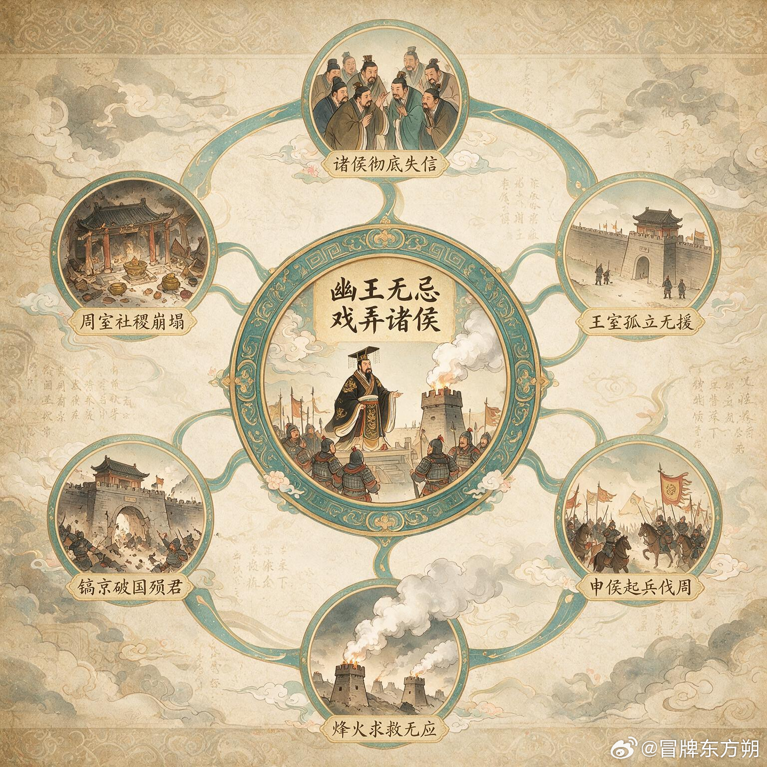 一场为博美人一笑的闹剧，为啥直接葬送西周王朝？公元前771年，周幽王为博取宠妃褒姒一笑，犯下亡国大错。他无视烽火台是西周救命的军事警报体系，听信佞臣谗言，在骊山无故点燃烽火，屡次欺骗四方诸侯千里勤王。而这场荒唐的“狼来了”式闹剧，直接引爆六重亡国连锁反应：①诸侯彻底失信：幽王反复点燃烽火戏耍诸侯，让将士白白劳师动众，彻底耗尽诸侯信任。②王室孤立无援：君王言而无信、昏庸享乐，民心彻底溃散，诸侯停止纳贡听命，王室彻底孤立。③申侯起兵伐周：申侯看准王室众叛亲离时机，联合犬戎、鄫国组建联军，大举伐周。④烽火求救无应：镐京被联军围困，幽王紧急点燃烽火求援，无任何诸侯出兵救援。⑤镐京破国殒君：犬戎攻破都城，周幽王与太子伯服被杀，褒姒被掳，下落不明。⑥周室社稷崩塌：镐京惨遭劫掠焚毁，王室财富宗庙尽毁，西周数百年统治彻底终结。这件事的底层逻辑是“君无信则国不立”，西周靠宗法礼制、天子信义维系诸侯体系，周幽王肆意透支王室公信力，亲手击碎王朝最后统治根基。一场看似儿戏的闹剧，最终酿成了王朝覆灭千年悲剧...