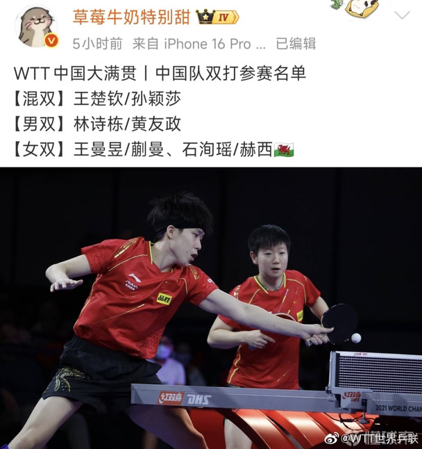 WTT中国大满贯双打：国乒三对王牌组合出征