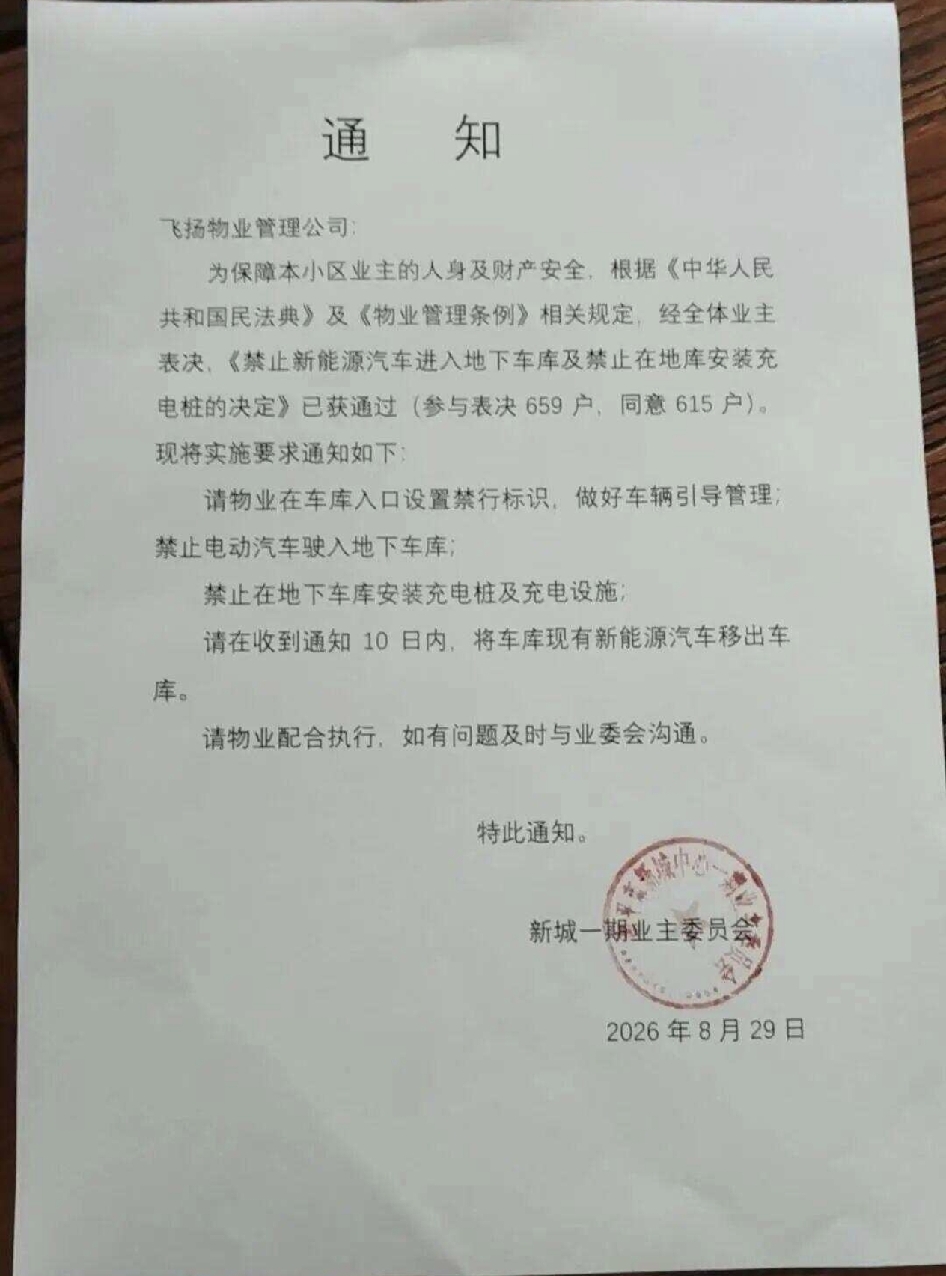 615户投票把新能源车“赶出”地库：93%的人同意，就能剥夺2个人的权利吗？

“怕爆炸。”——就这三个字，福建南平一个小区把新能源车全部赶出了地下车库。

事情是这样的。南平新城中心一期·帝景国际小区，2009年交付的老小区，700多户居民，地下车位只有100多个。8月29日，业委会一纸通知：参与