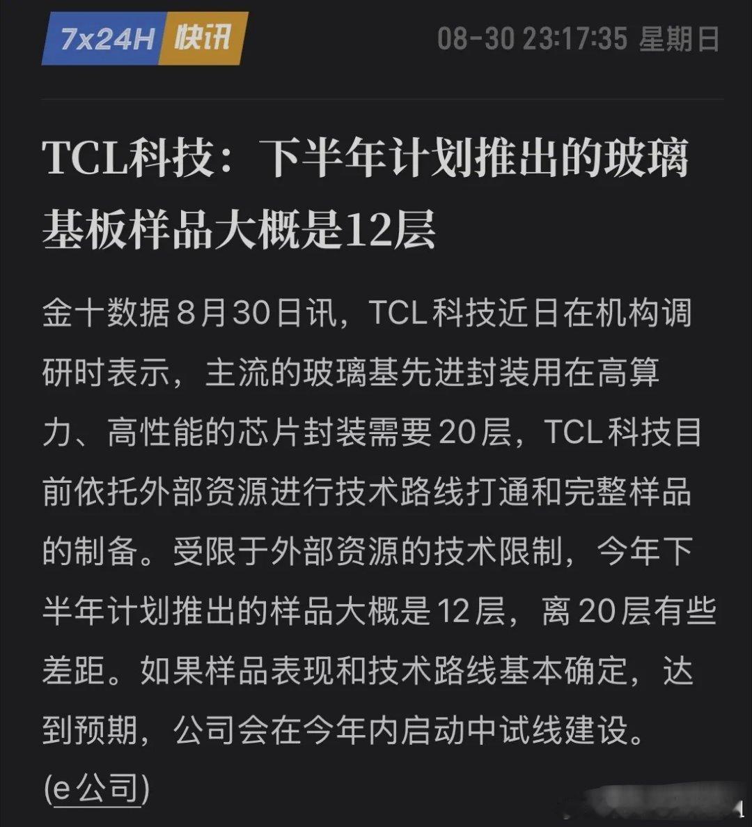 TCL科技亮出12层玻璃基板，面板巨头跨界AI芯片的地基之战
 
做面板的TCL科技，正式杀入AI芯片先进封装的核心材料赛道。8月30日机构调研信息显示，公司下半年计划推出12层玻璃基先进封装样品，若验证达标，年内启动中试线建设 。
 
公司也客观坦诚：高算力GPU实际需要20层规格，12层距离最终目标仍有差 ​
