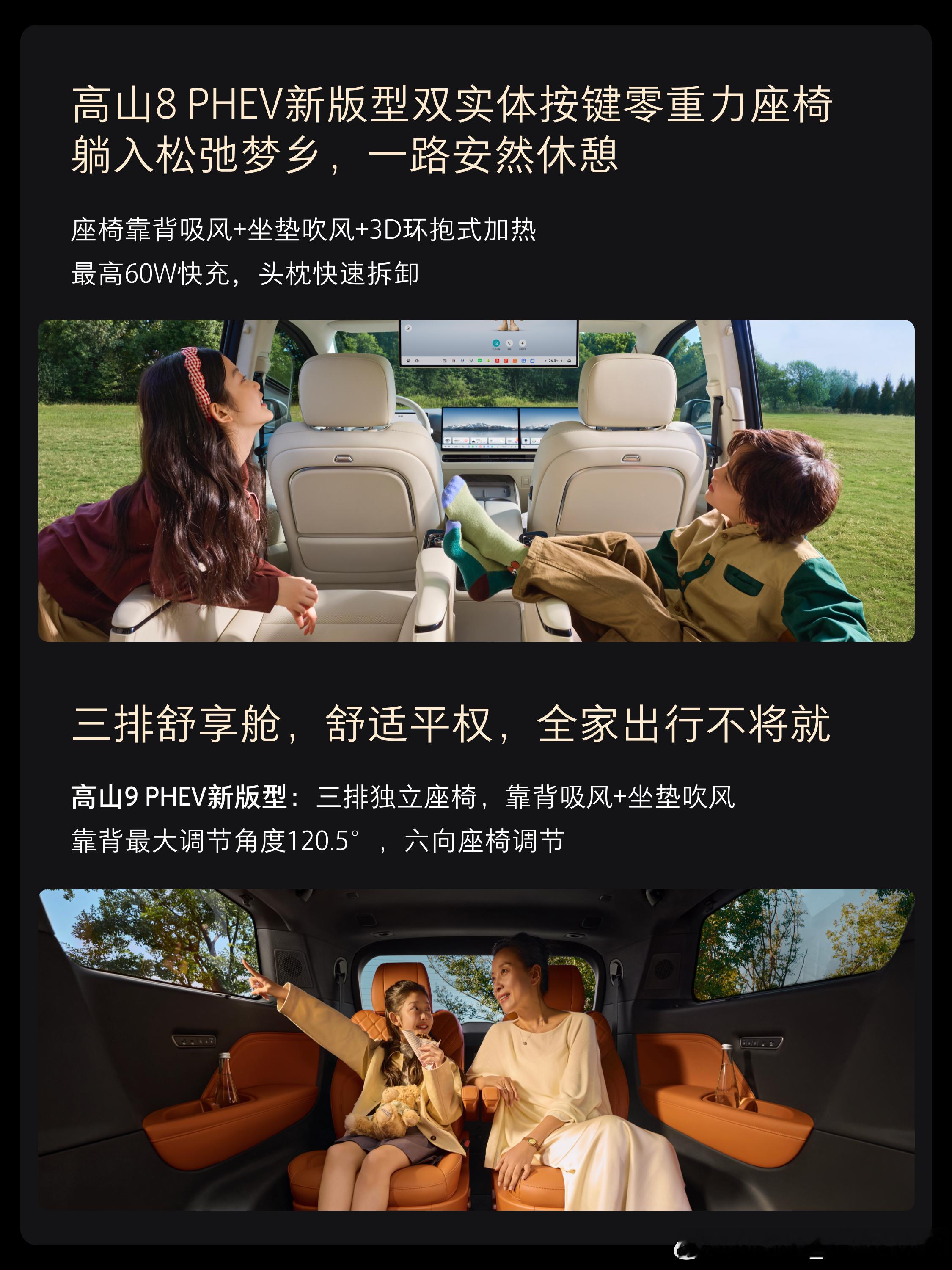 点开图片，看看高山新版型的空间能有多惬意。
二三排共轨，百变空间随心切换；一键成床，就是全家的移动大平层。装得下露营装备，也装得下孩子的玩具，更装得下全家人一起出门的松弛感。

和高山家族新成员一起，把家的舒适，带去更远的地方。

#高山家族上新##MPV标杆新一代##好大一个家# ​
