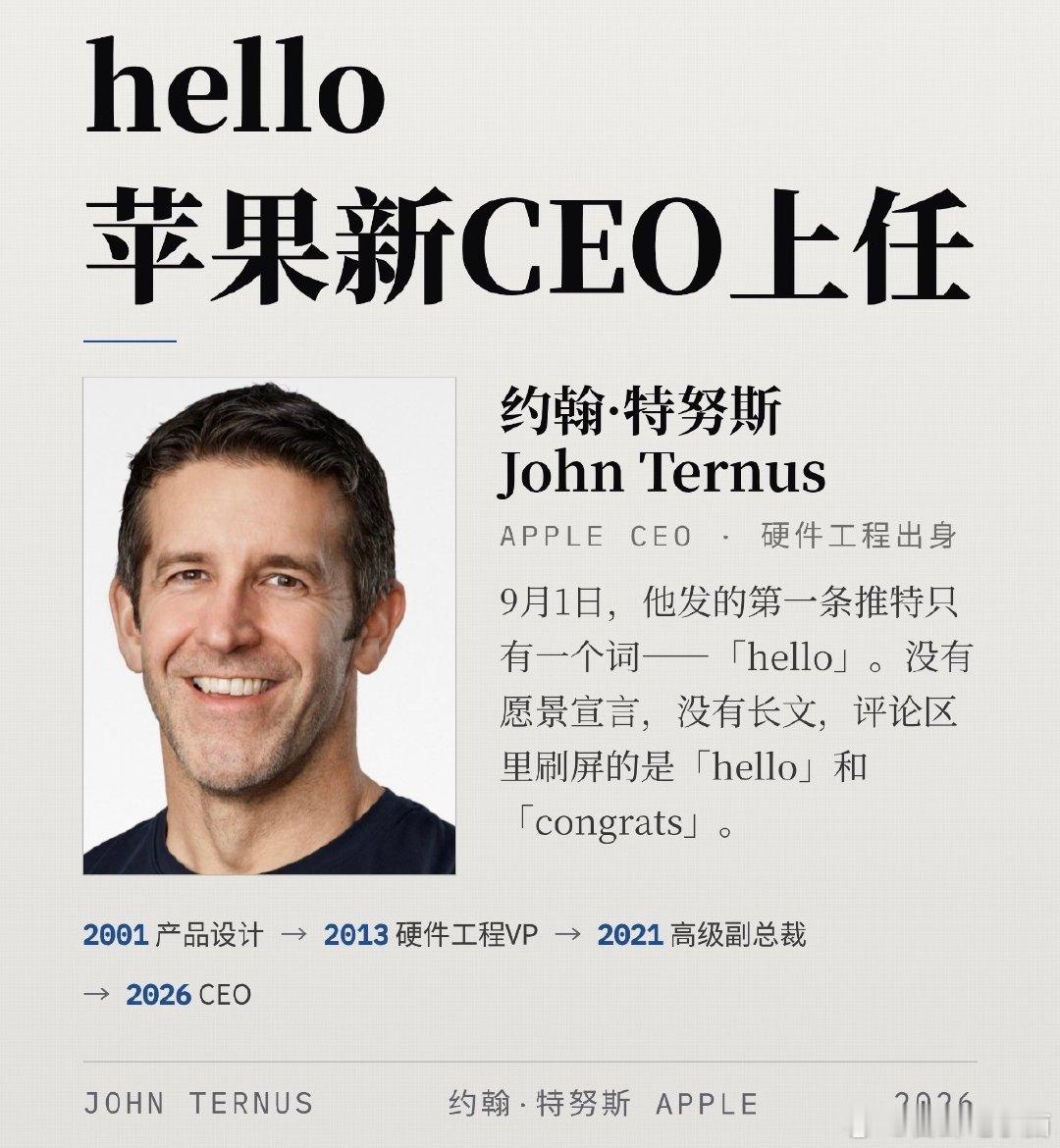#苹果CEO 张铁牛#
还是网友爱玩梗，但是到特努斯在苹果CEO任前经历了25年，10次考试，从工程师走到苹果最高的位置，乔布斯之后苹果选择了运营大师库克，库克之后又把公司交给了一个工程师，代表着苹果想重新把产品放回中心！ ​