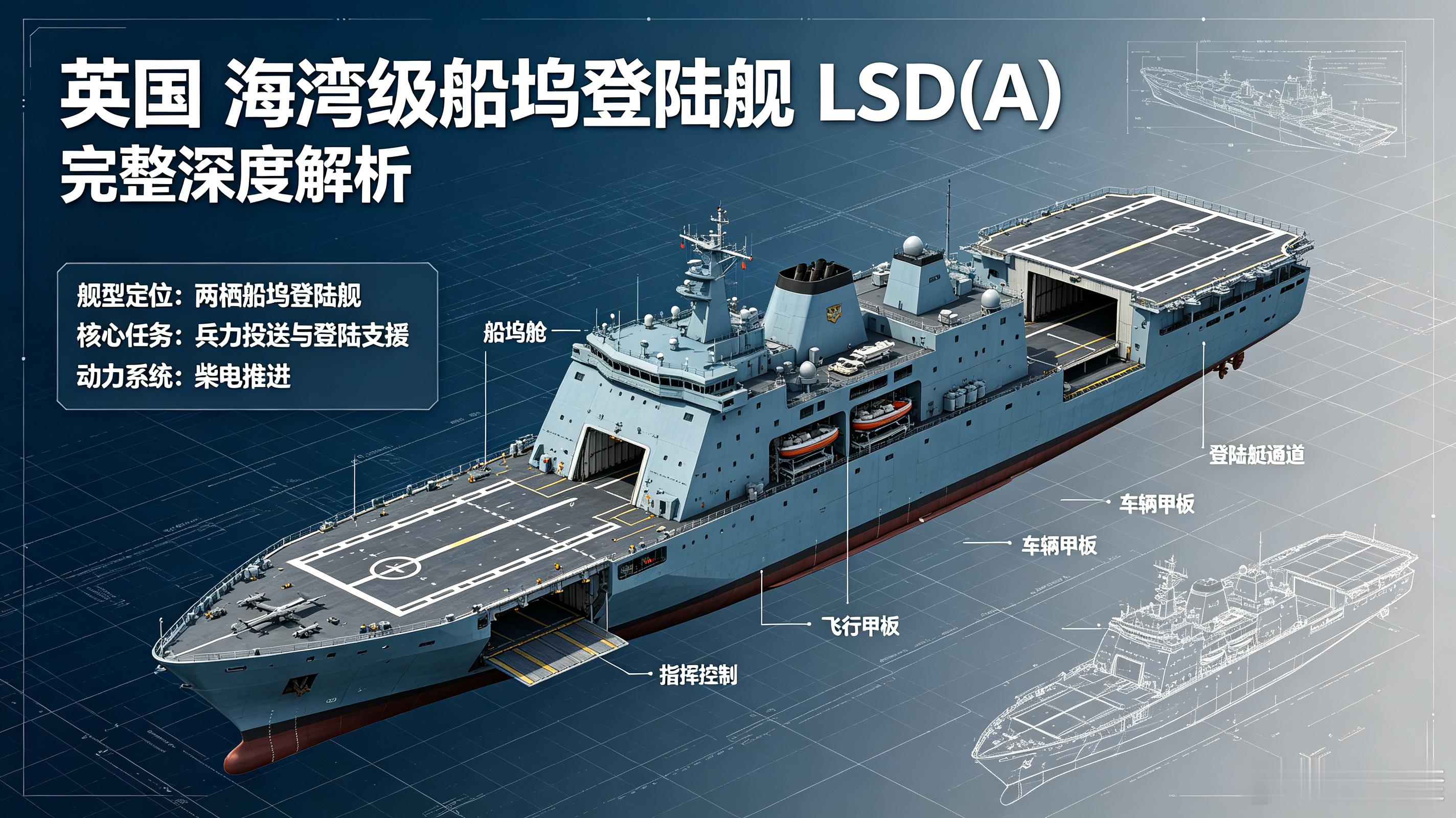 #军事ai新视野# 英国 海湾级（Bay-class）船坞登陆舰 LSD(A) #ai热力追踪# 
 
海湾级是英国皇家辅助舰队（RFA）运营的辅助型船坞登陆舰，并非皇家海军战斗舰艇；设计源自荷西“Enforcer”通用平台（荷兰鹿特丹级同底子），用于替换老式圆桌级后勤登陆舰，定位两栖物资投送、重装运输、人道救援，配合阿 ​