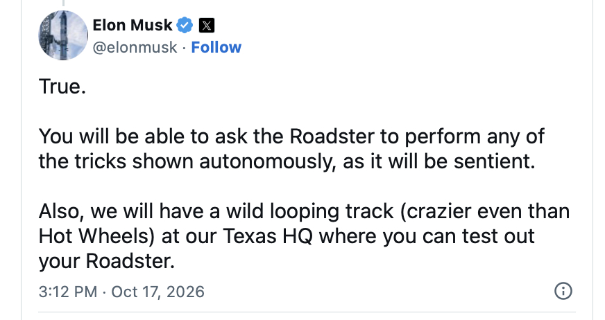 Roadster车主能解锁“飞行特技模式”，还可使用环形特技赛道

马斯克周六在推特回复科技博主时透露，车主可让Roadster自主完成发布会展示的各类特技，车辆将具备感知能力；同时特斯拉德州总部会打造一条比风火轮赛道更炫酷的环形赛道，供Roadster测试。

博主此前提出，Roadster并非传统意义上由人驾驶 ​