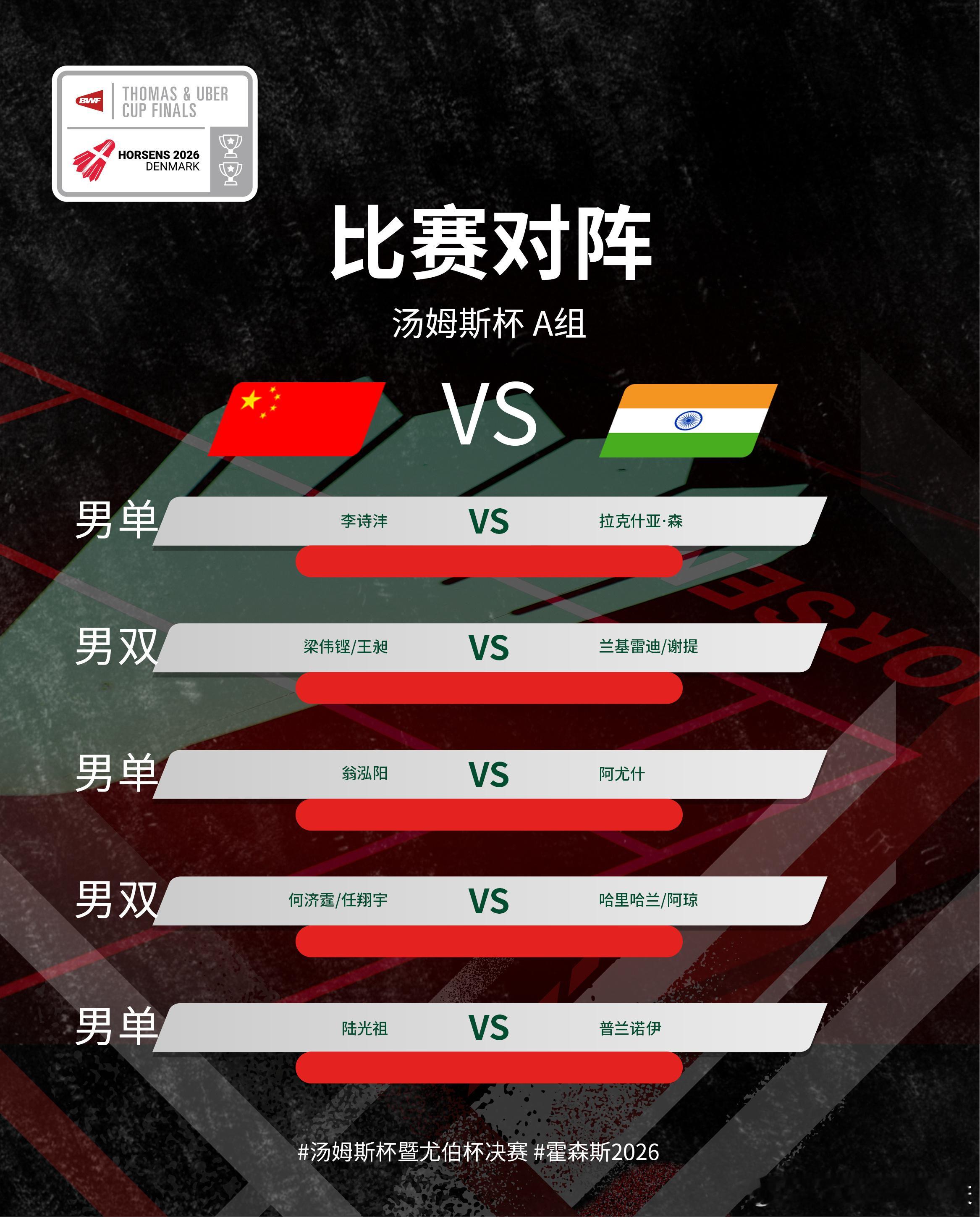 2026汤姆斯杯小组赛，中国队16:00与印度队争夺小组第一  李诗沣...