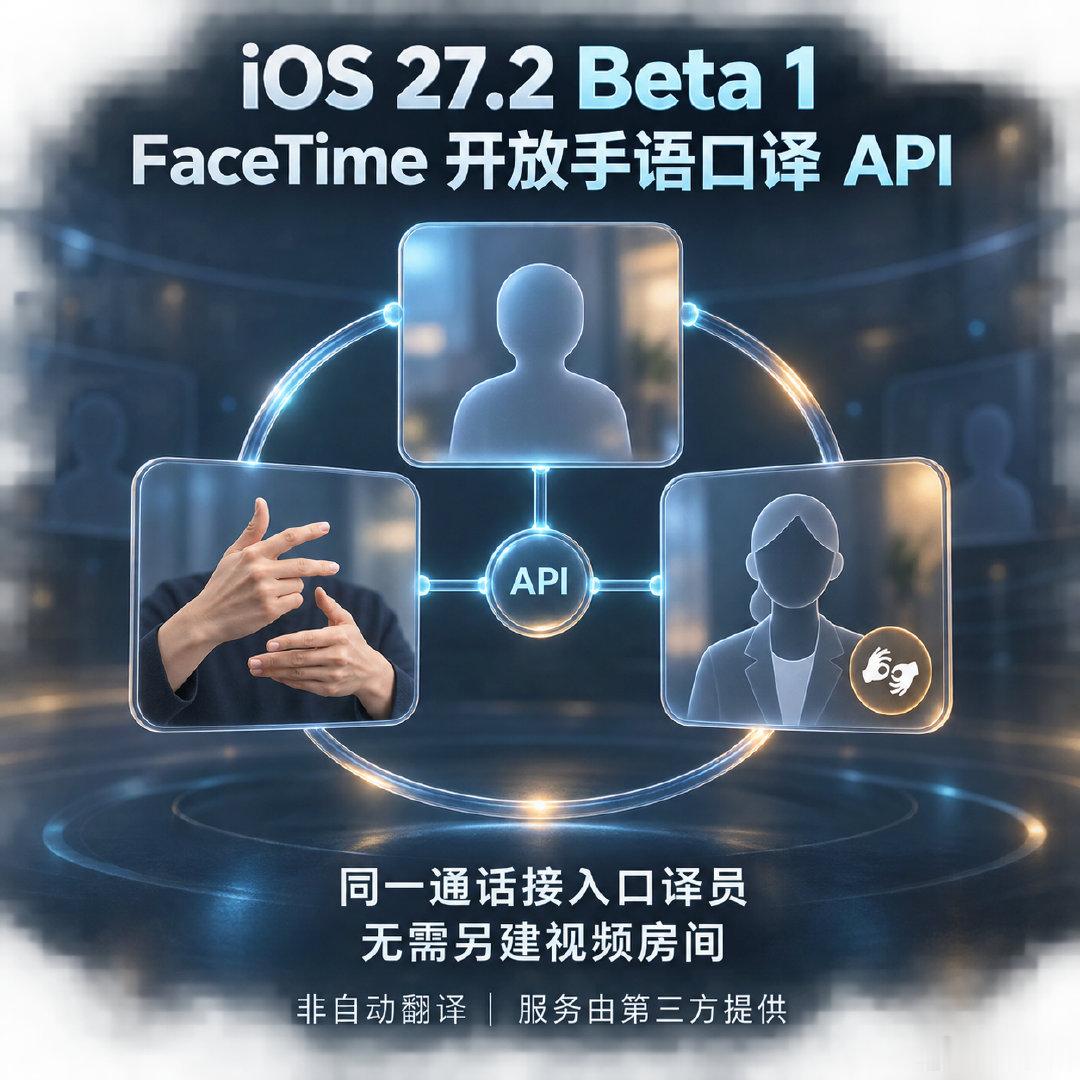 【数码快讯】iOS 27.2 Beta 1开放FaceTime手语口译API。支持该接口的第三方应用可在同一通话中接入口译员，无需另建视频房间。

FaceTime本身不进行自动手语翻译，相关服务仍由第三方应用和口译服务商提供。#iOS27##FaceTime##手语口译##无障碍功能##辅助功能API# ​