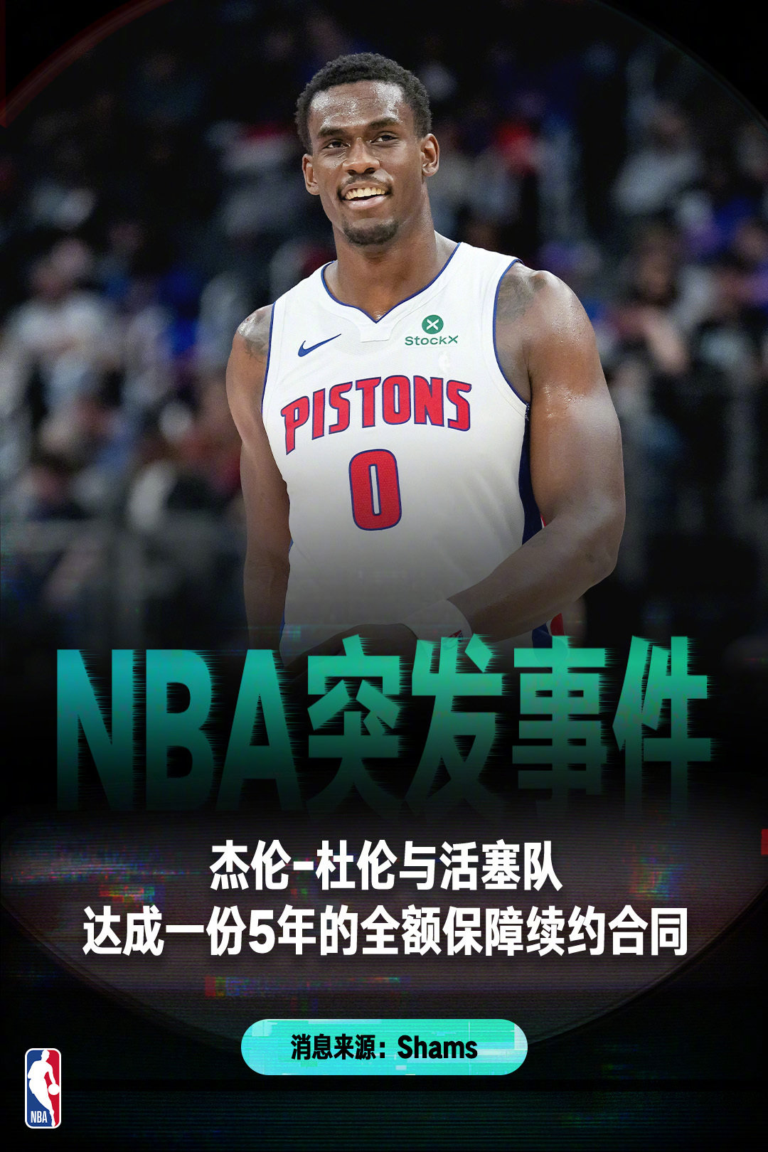 【#杜伦续约活塞# 】据NBA知名记者Shams报道，杰伦-杜伦已经与活塞队达成一份5年的全额保障续约合同。此举也为双方此前持久的续约纠纷画上了句号，大家都可以专注于备战新赛季了！#NBA[超话]# ​